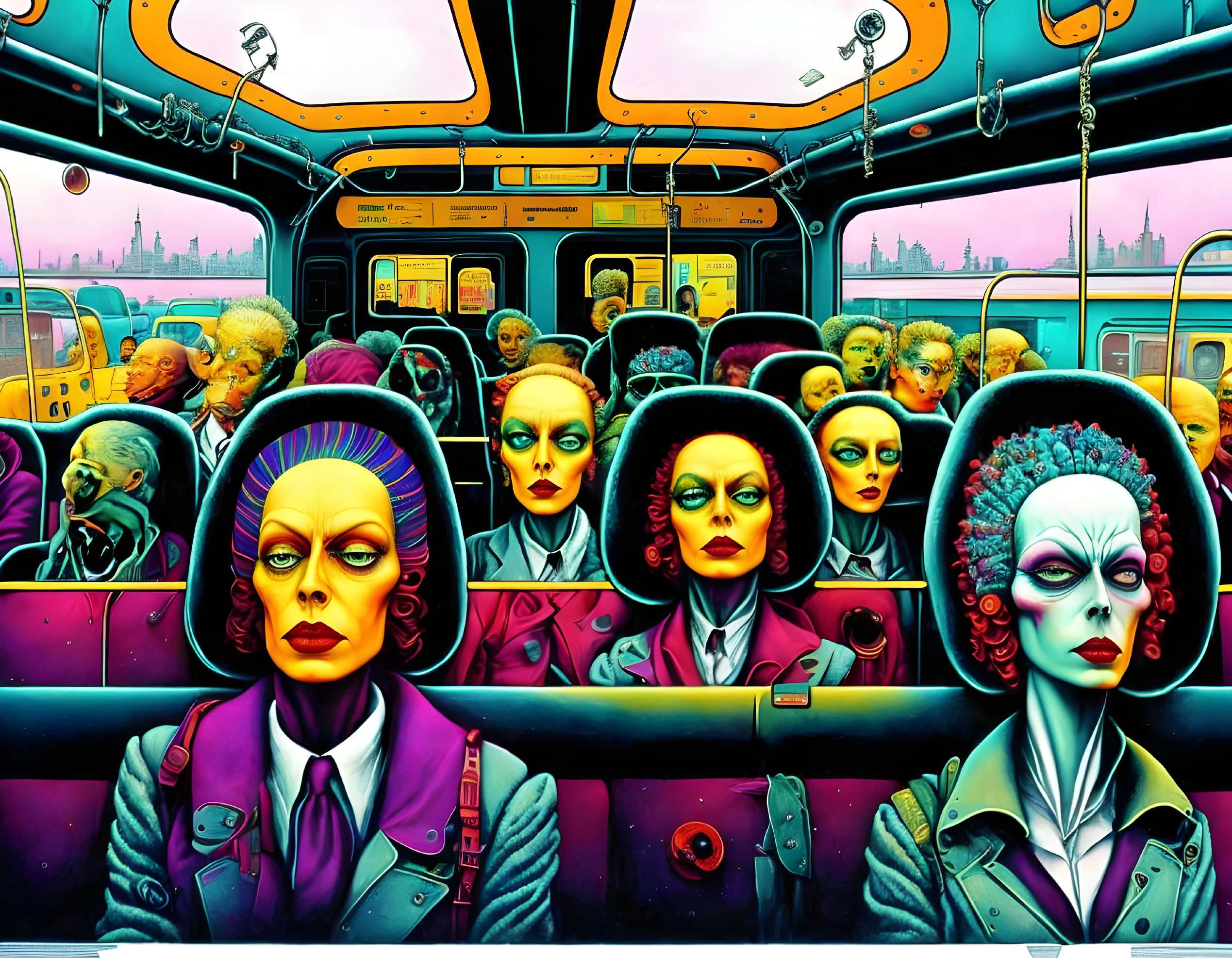 Vibrant surreal illustration: Crowded bus with identical humanoid figures in business attire