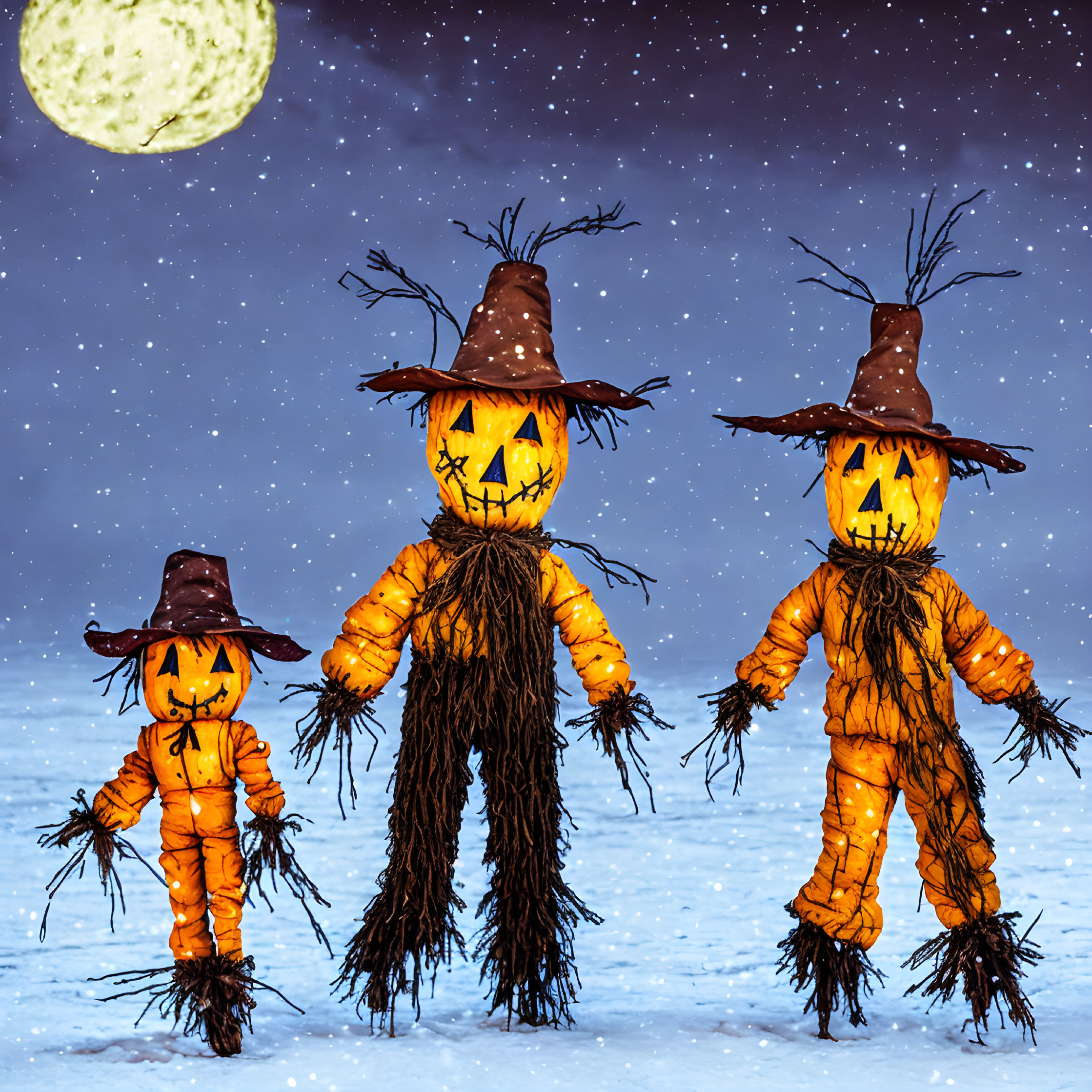 Three jack-o'-lantern scarecrows in snowy field under full moon