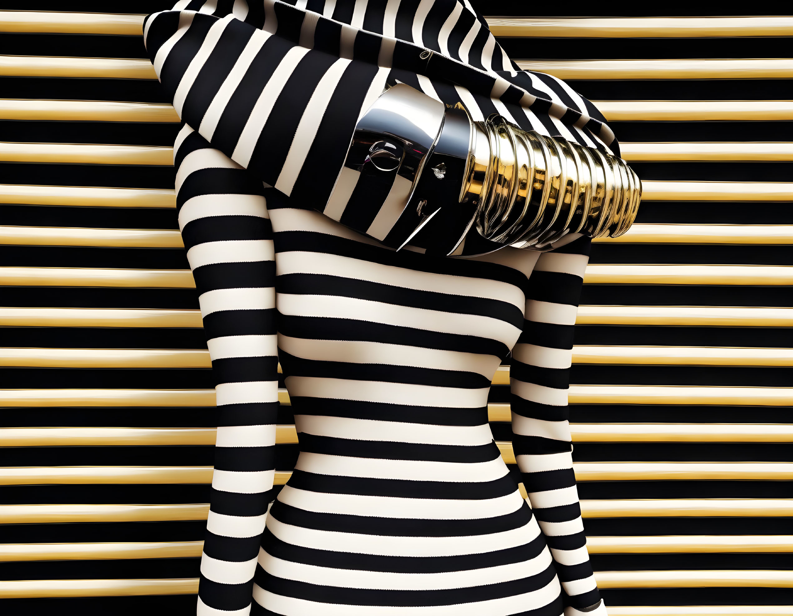 Person in Striped Outfit Blends into Striped Background with Golden Megaphone