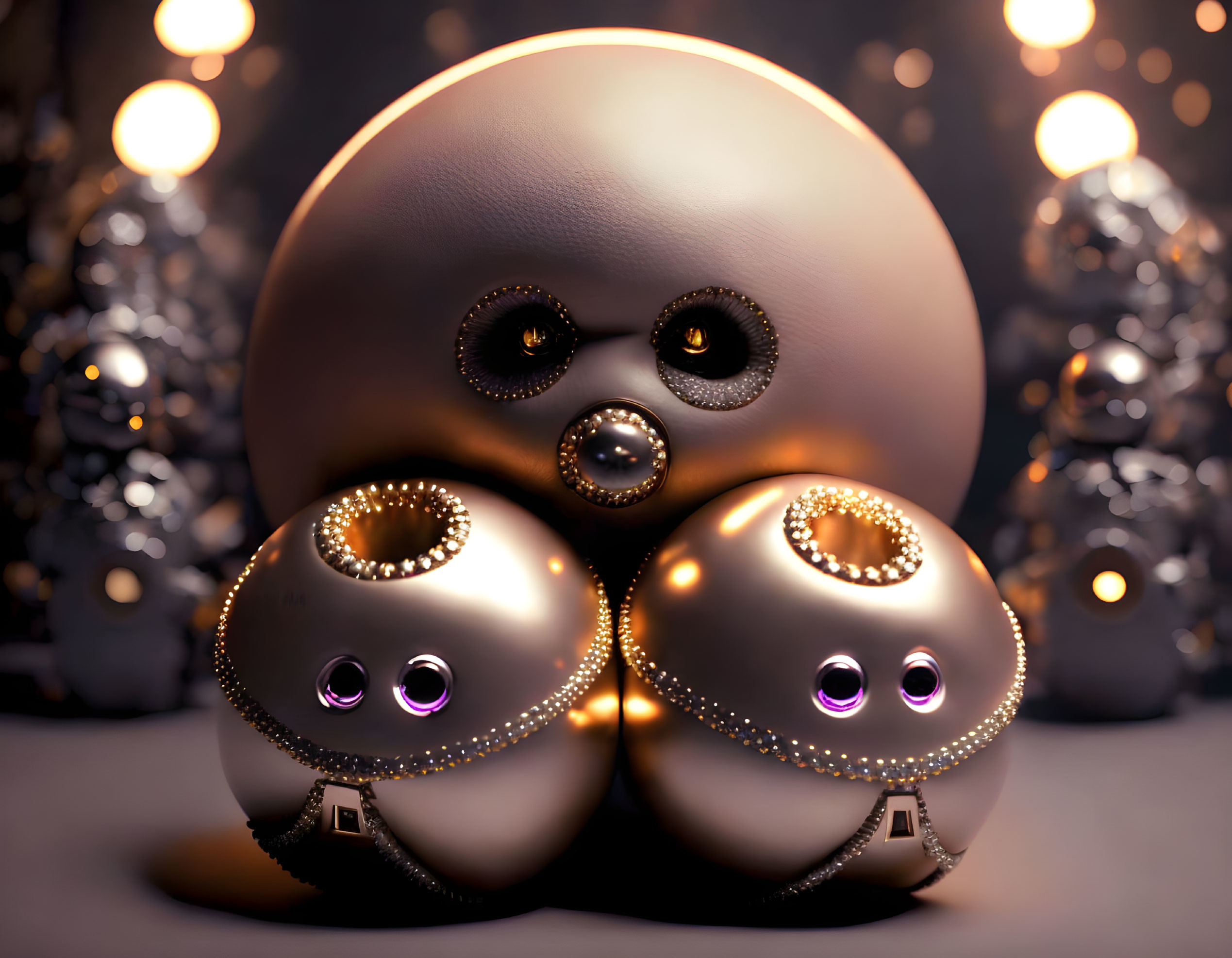 Spherical Robot Family with Glowing Eyes on Bokeh Background