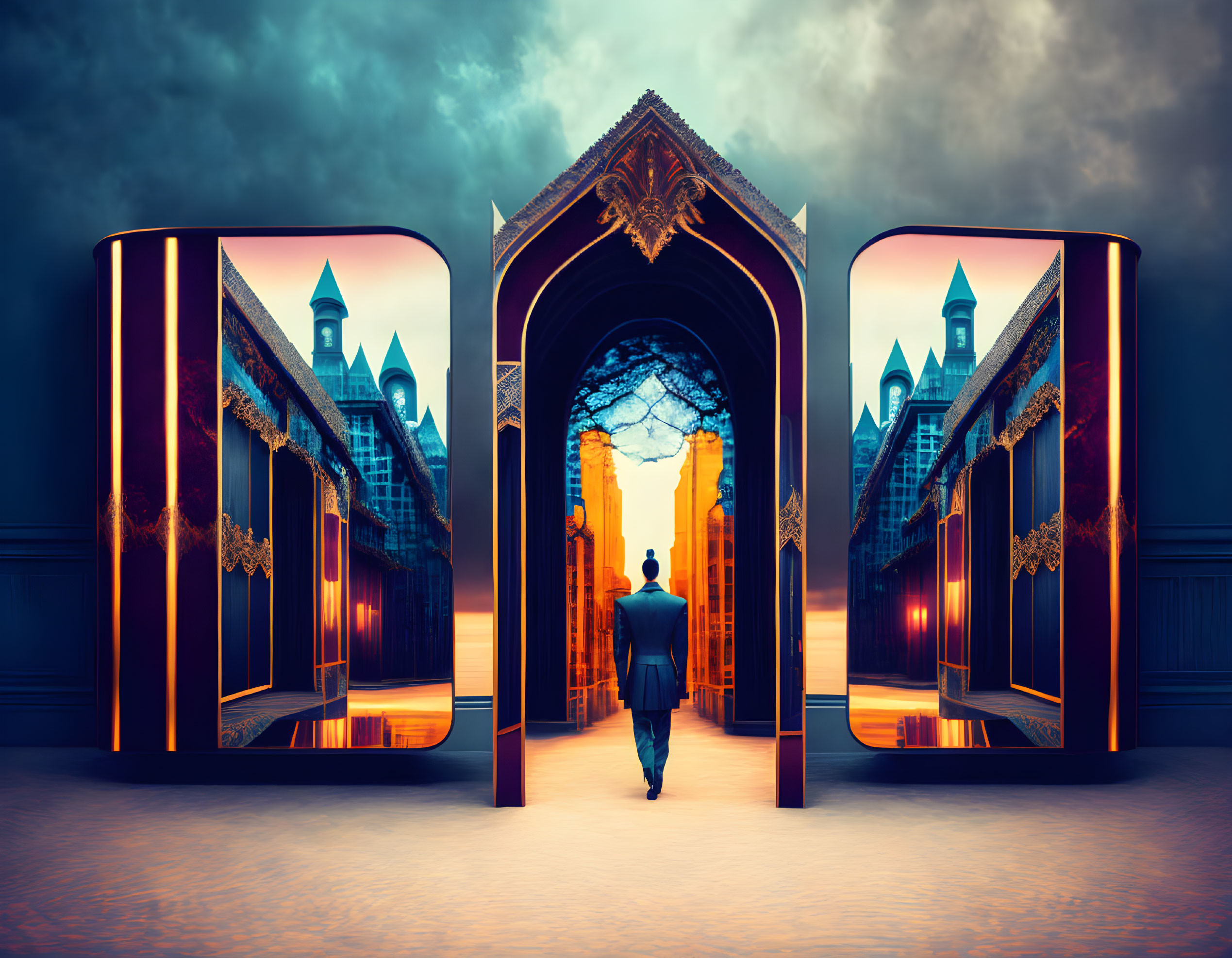 Man in suit at arch-shaped portal to surreal landscape with castle under dramatic sky