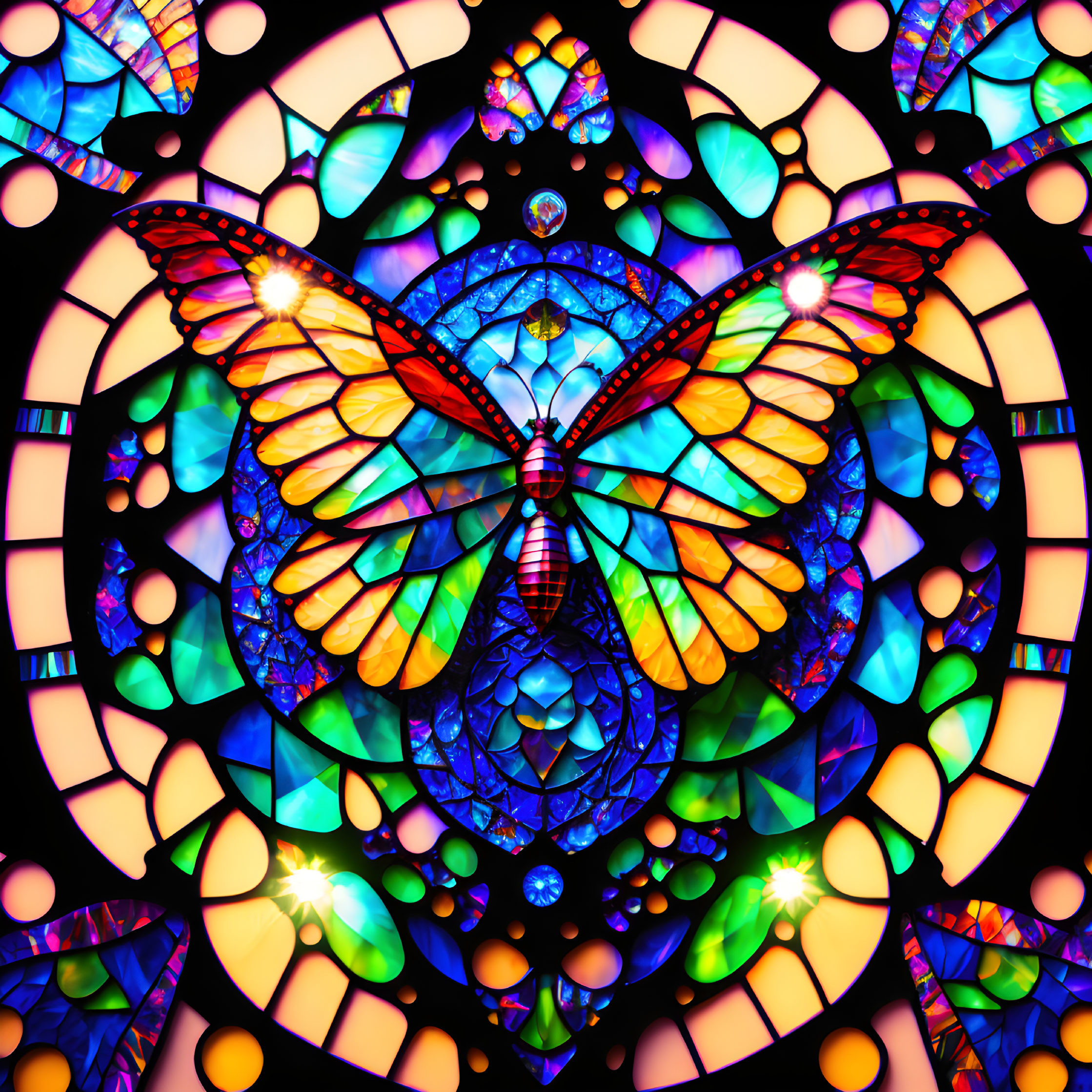 Colorful Butterfly Artwork with Stained-Glass Wings on Black Background