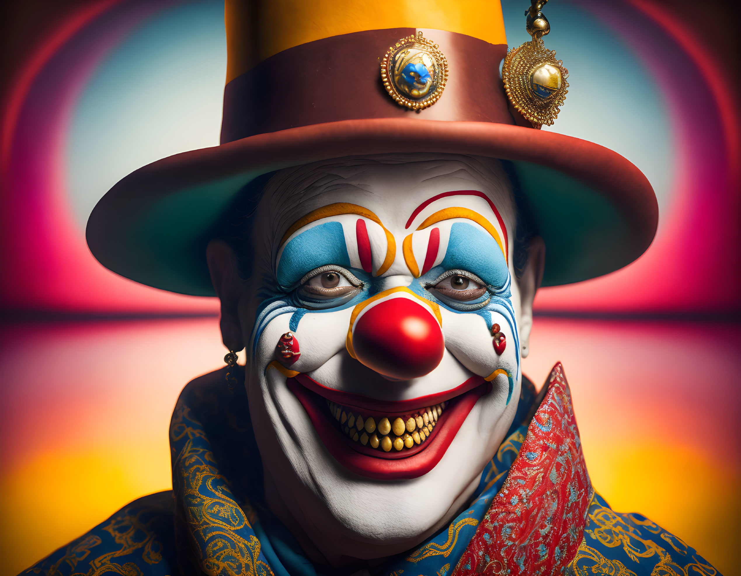 Colorful Clown with Red Nose in Patterned Costume on Rainbow Background