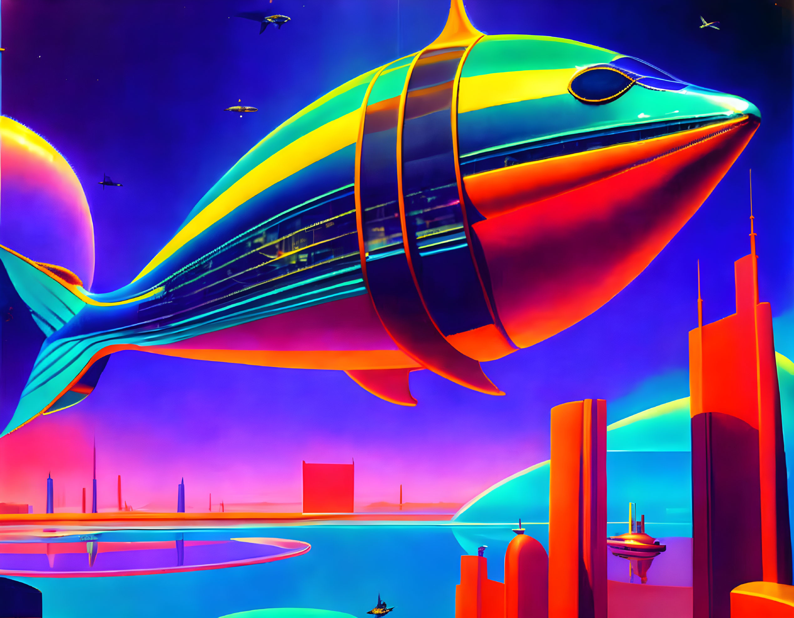 Vibrant futuristic cityscape with surreal fish-shaped airship amid skyscrapers