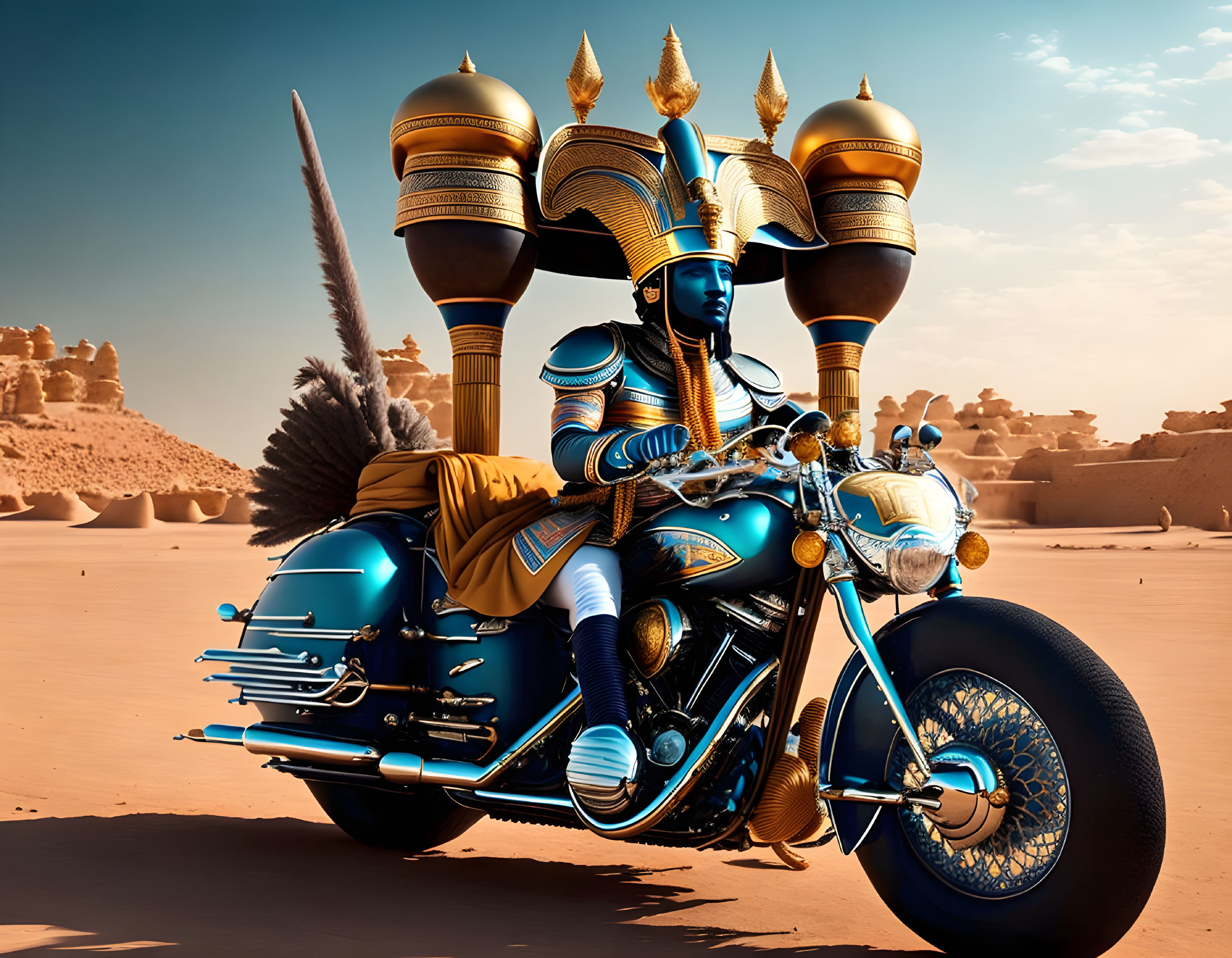 Person in Ancient Egyptian Armor on Custom Motorcycle in Desert