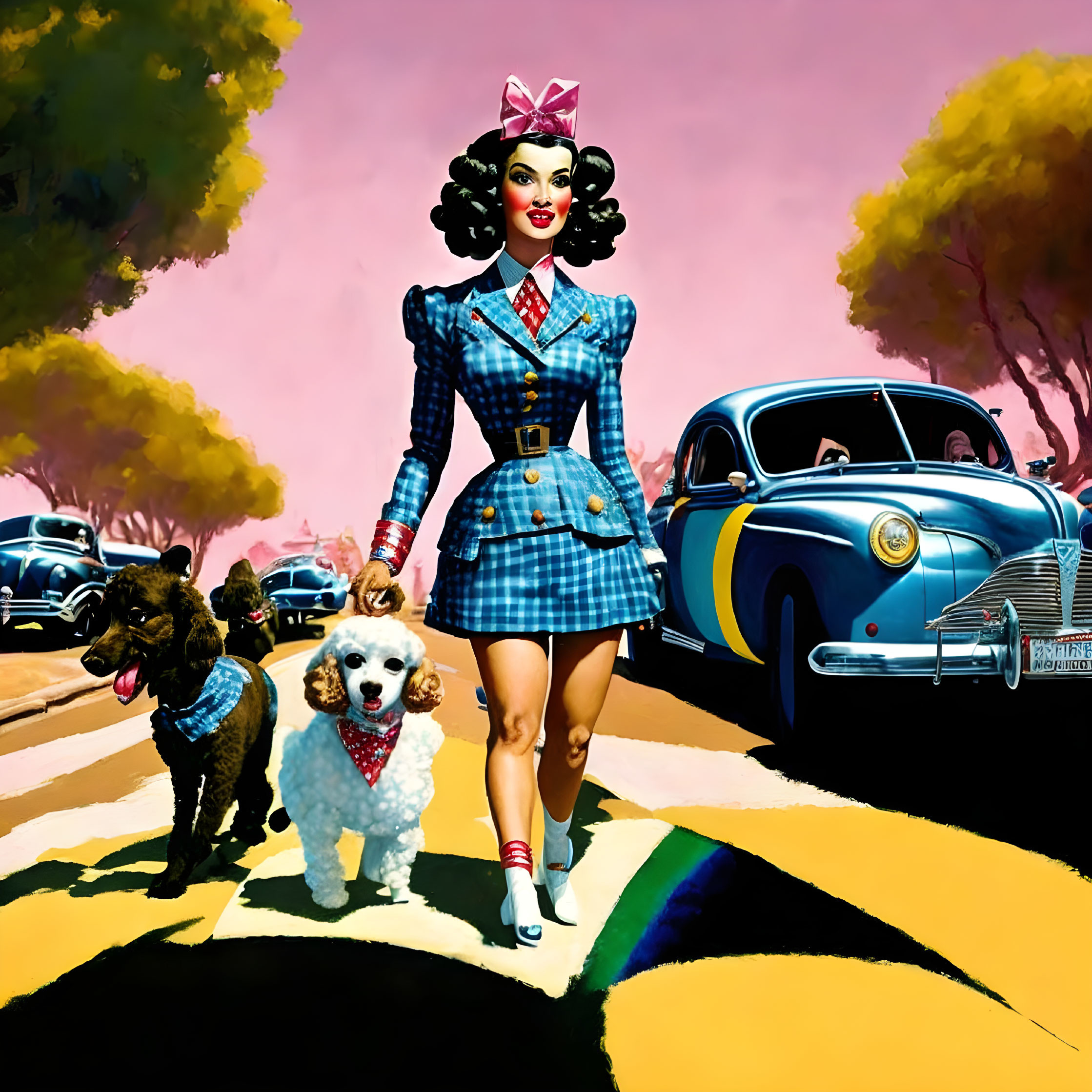 Illustration of woman in blue plaid dress with bow, walking dogs near classic car