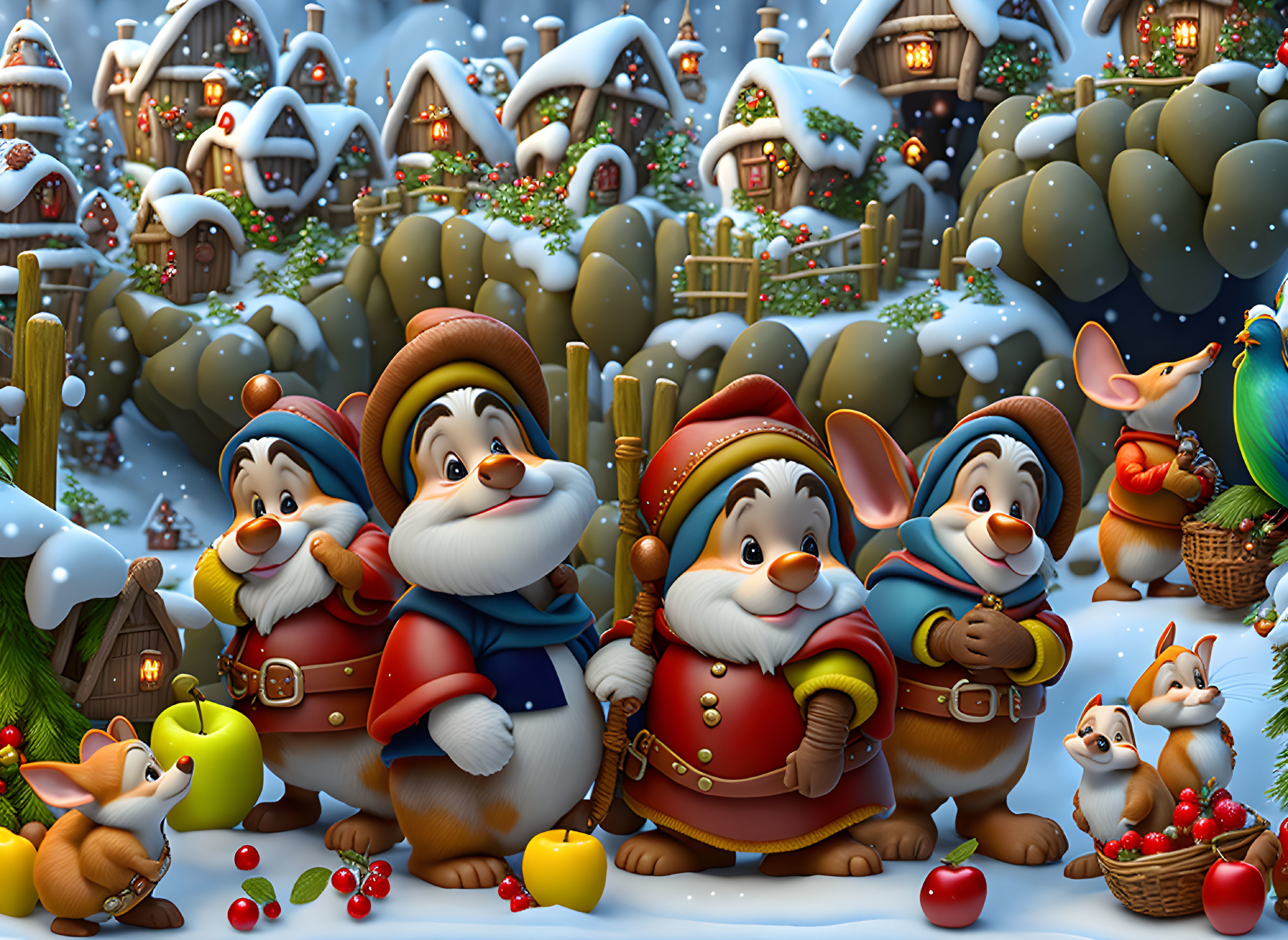 Animated dwarfs in festive winter village with cozy cottages