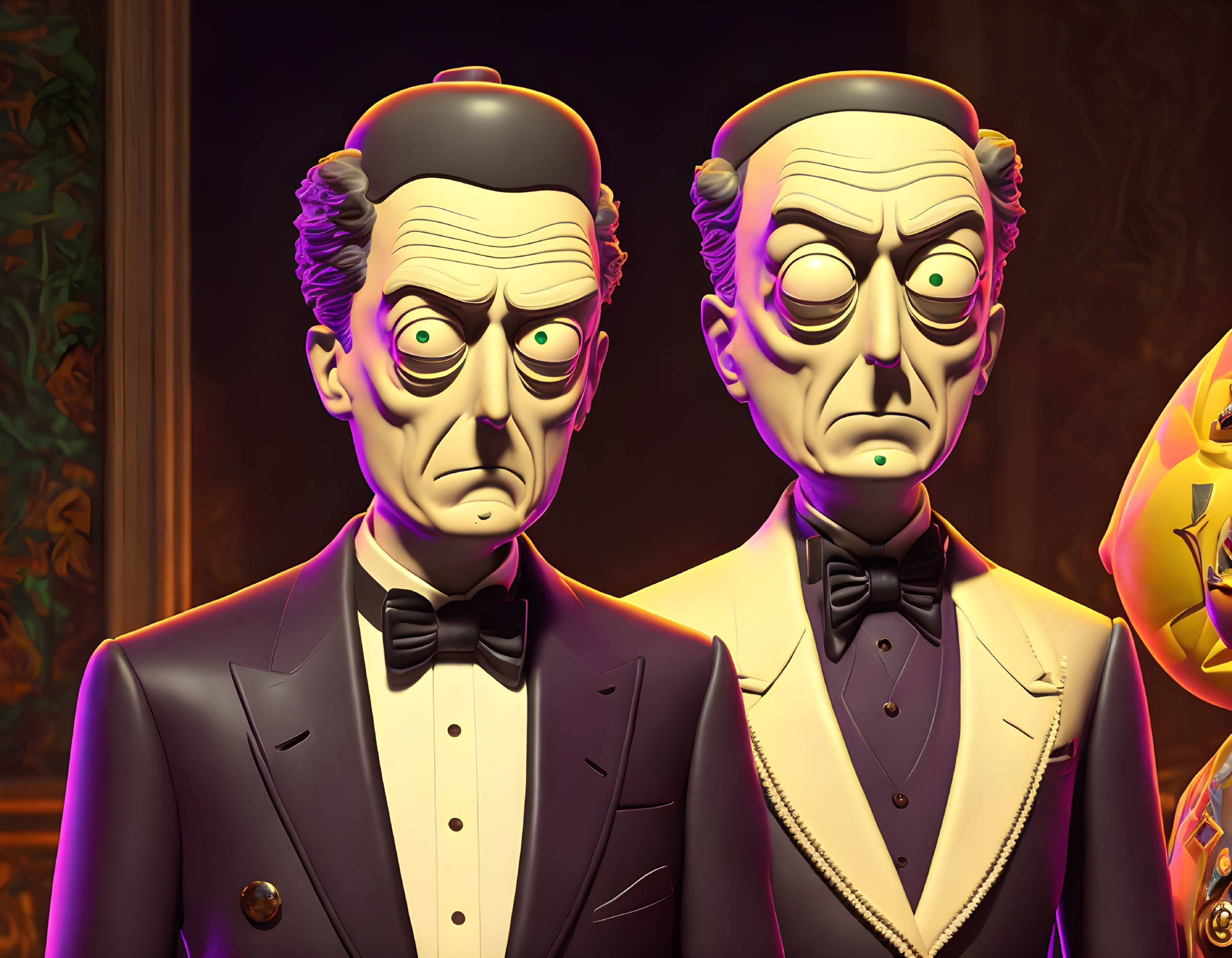 Two somber butler characters in tuxedos with exaggerated facial features on ornate background