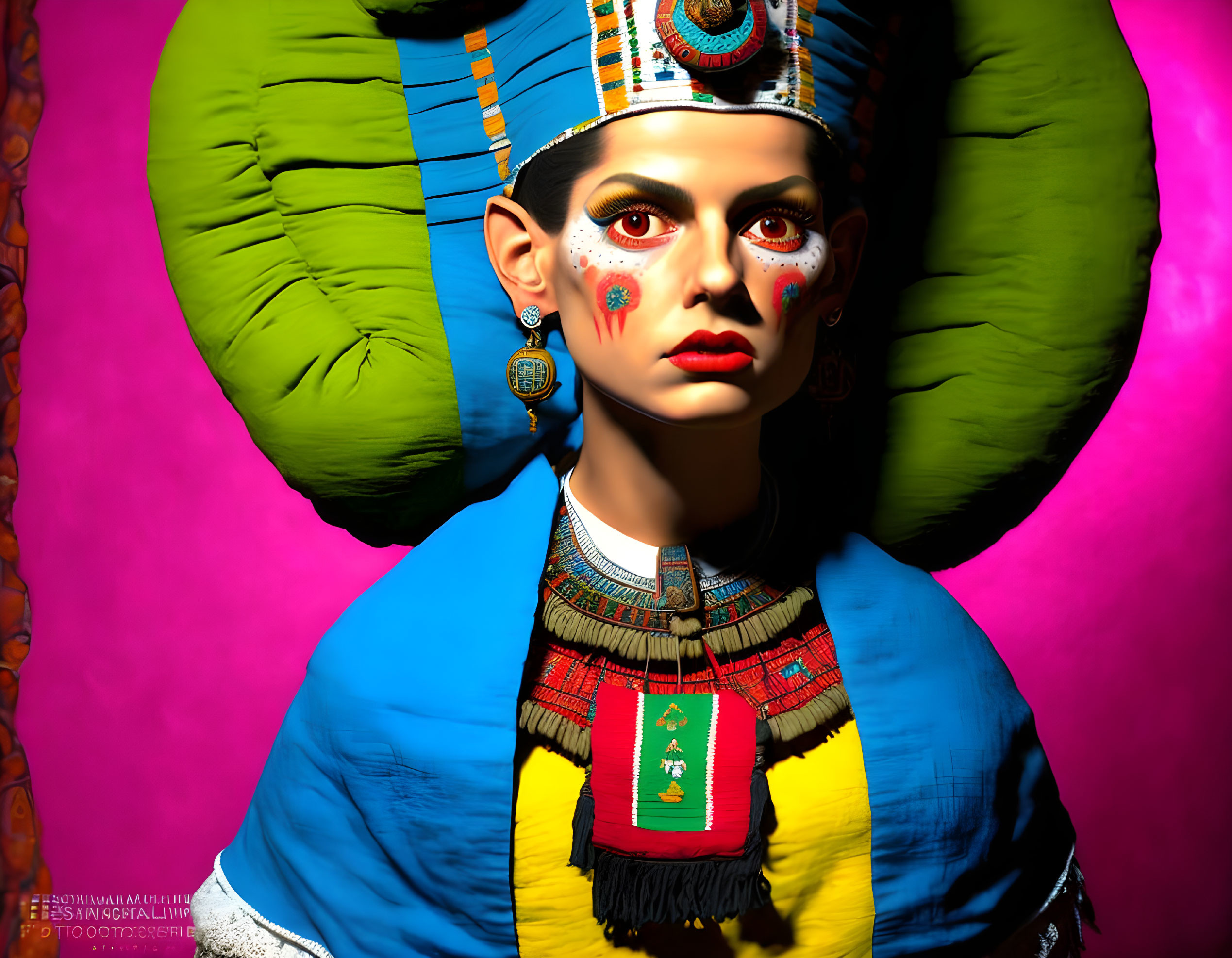 Colorful Egyptian-Inspired Costume and Makeup on Pink Background