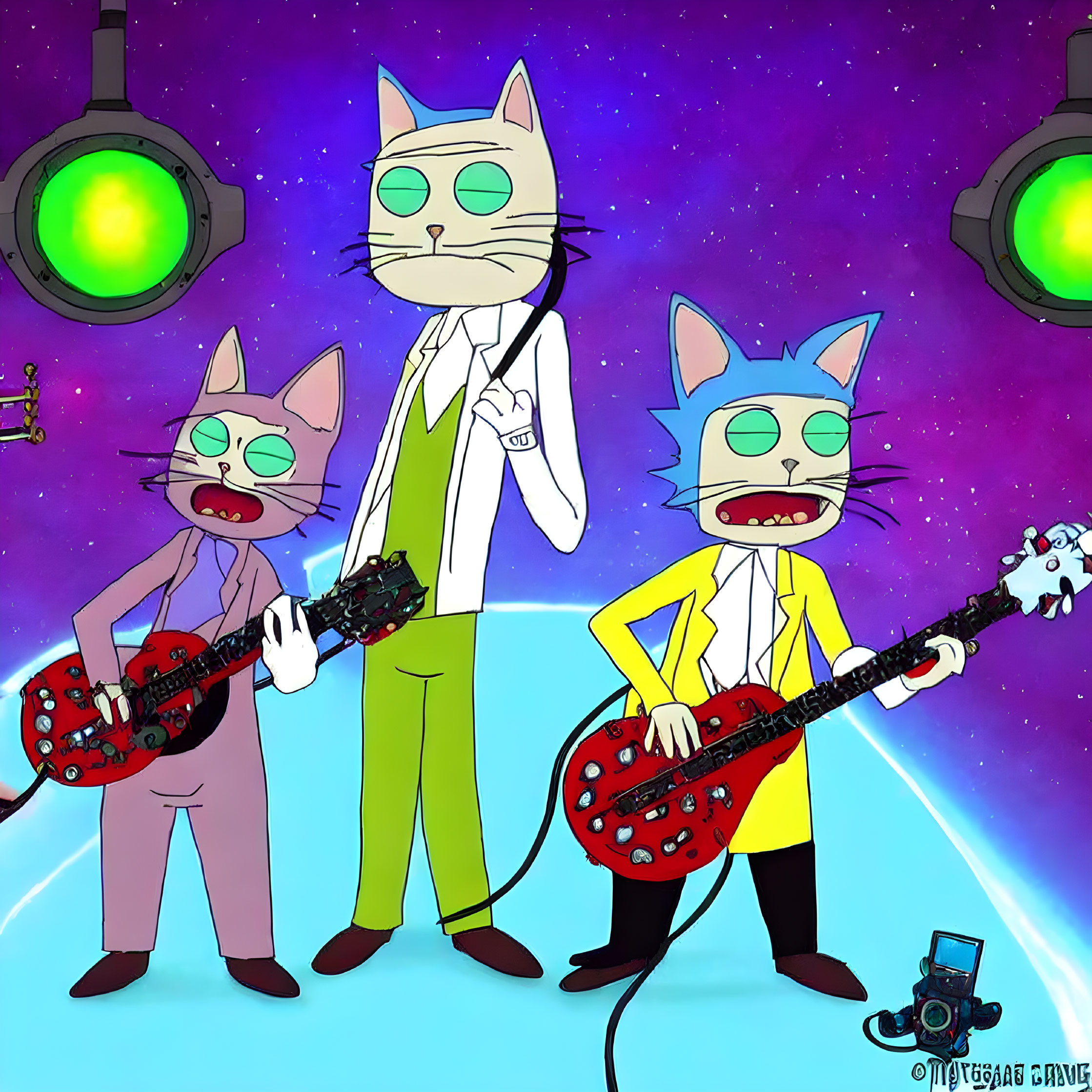 Three anthropomorphic cats in band performing on stage with guitars and singing under green spotlights.