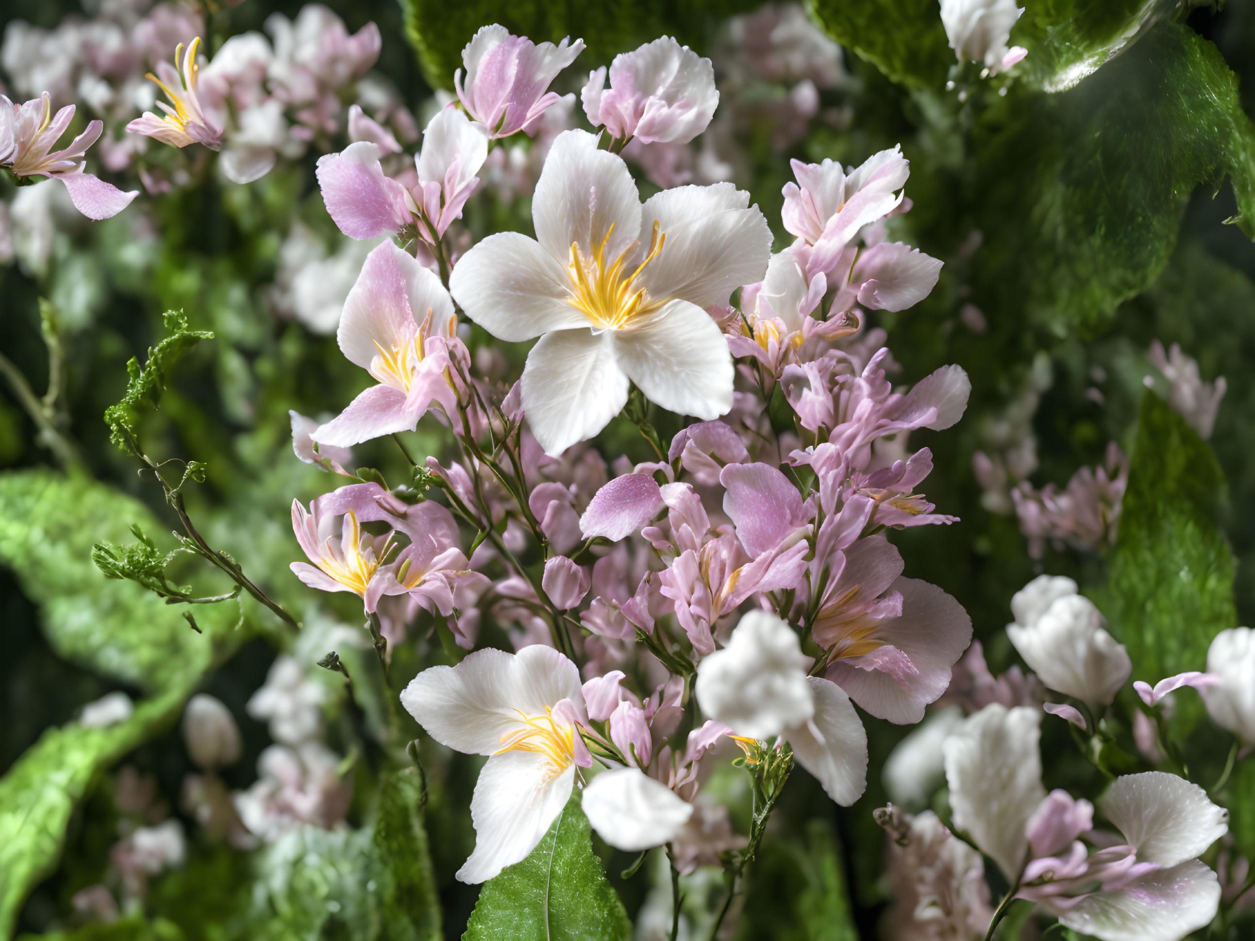 Delicate pink and white flowers with yellow stamens in lush green setting