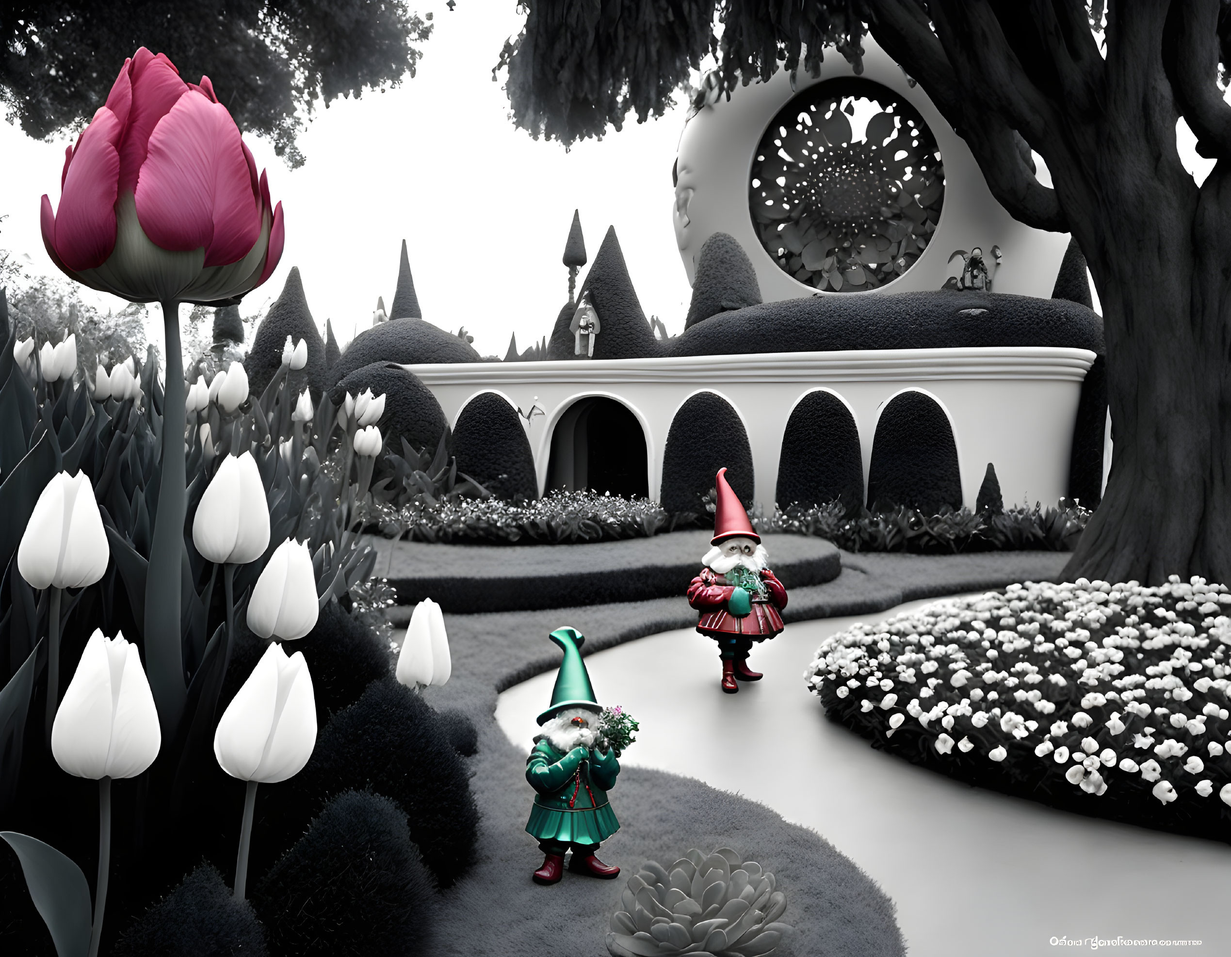 Whimsical black and white garden with oversized tulips, colorful gnomes, round windows,