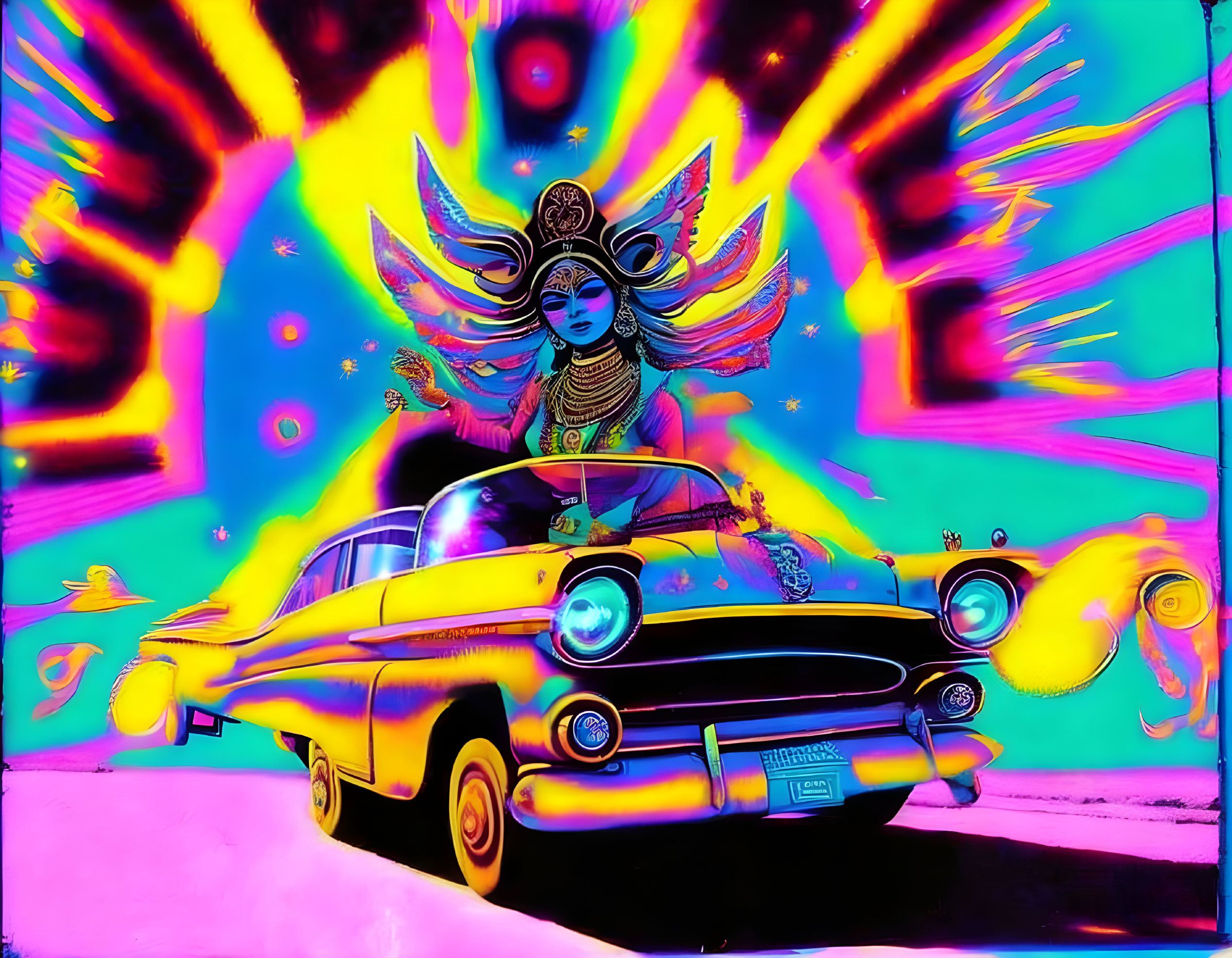 Vibrant Hindu goddess mural with classic car on psychedelic background