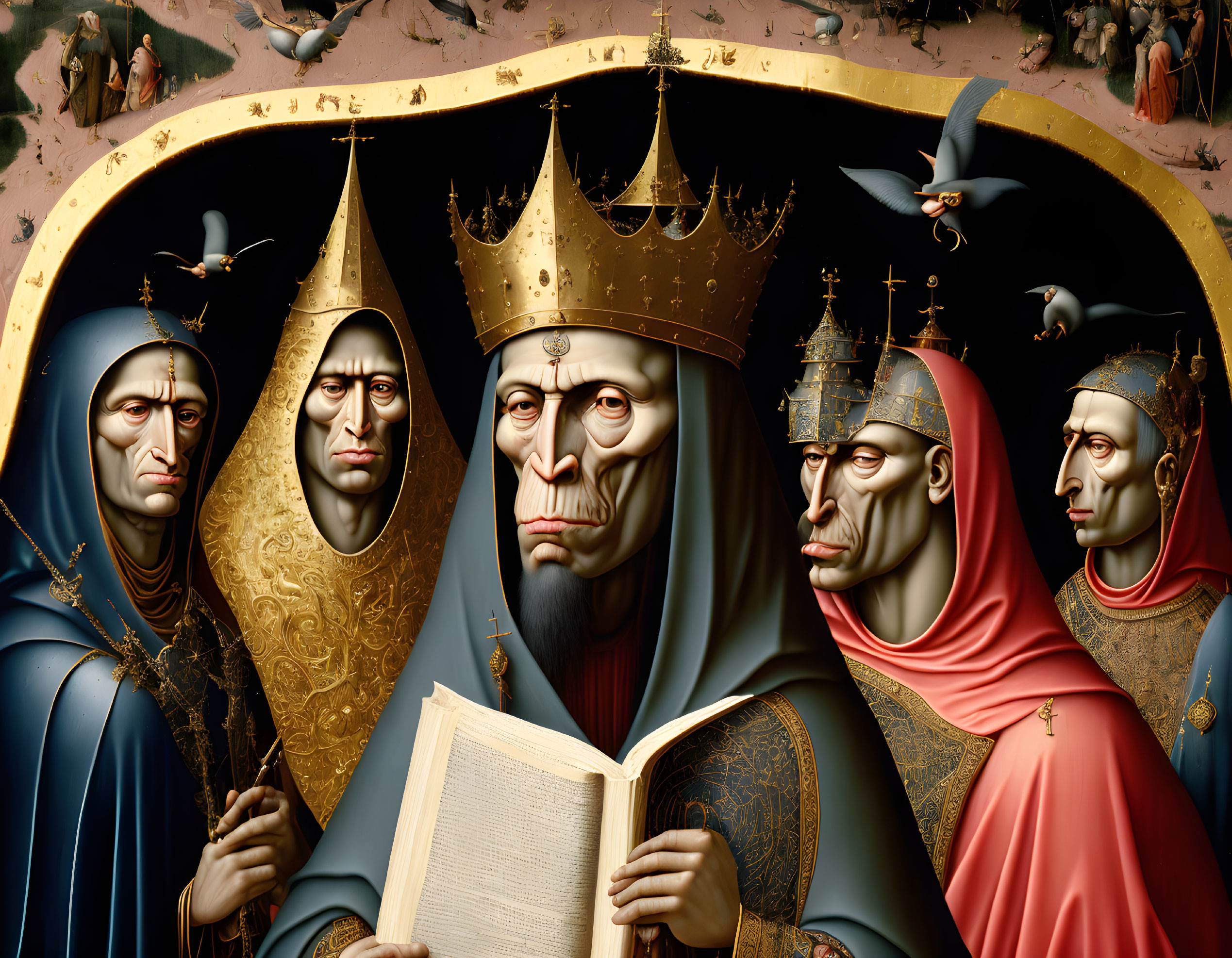 Surreal painting of figures with elongated faces and royal attire