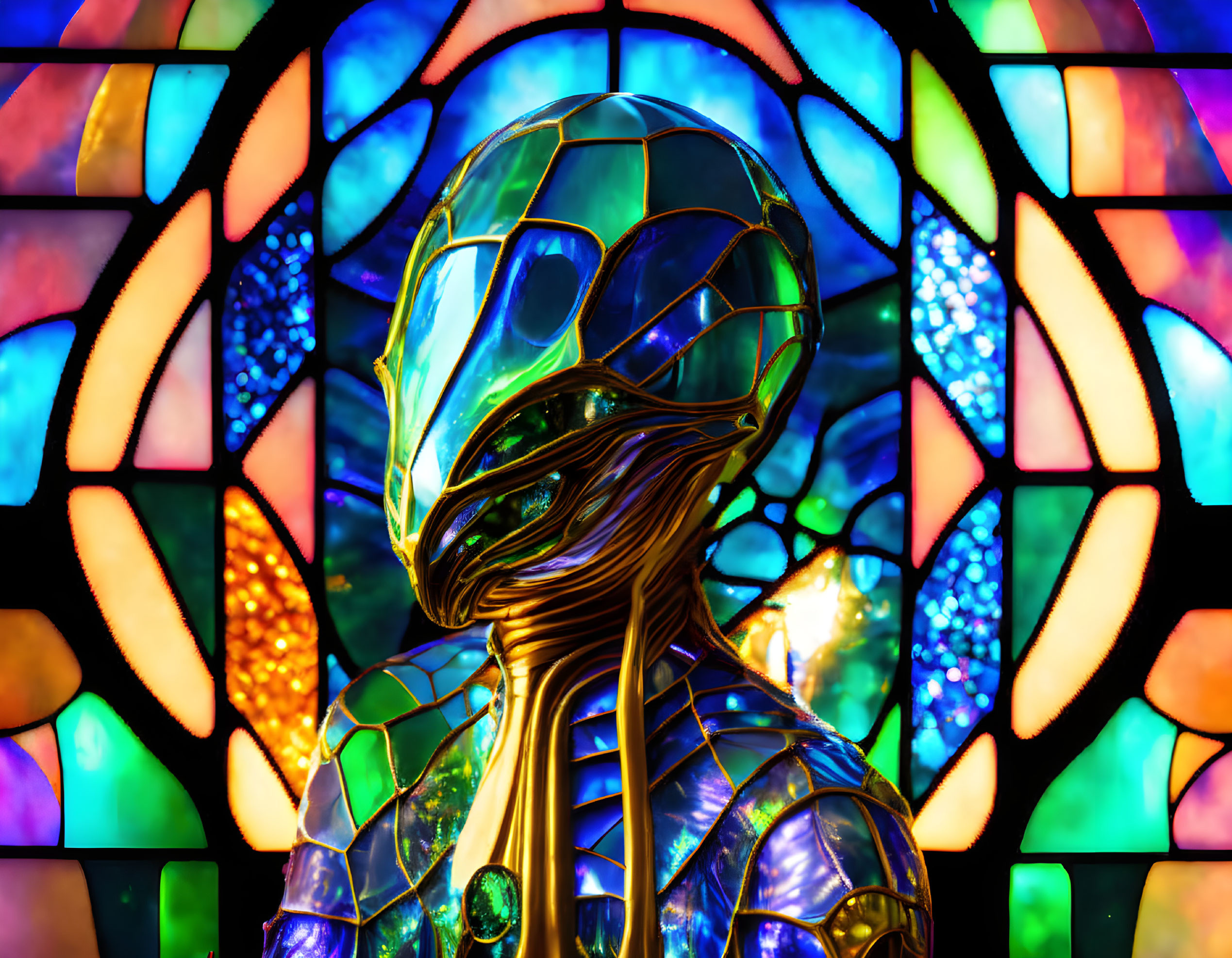 Metallic humanoid figure against vibrant stained glass background