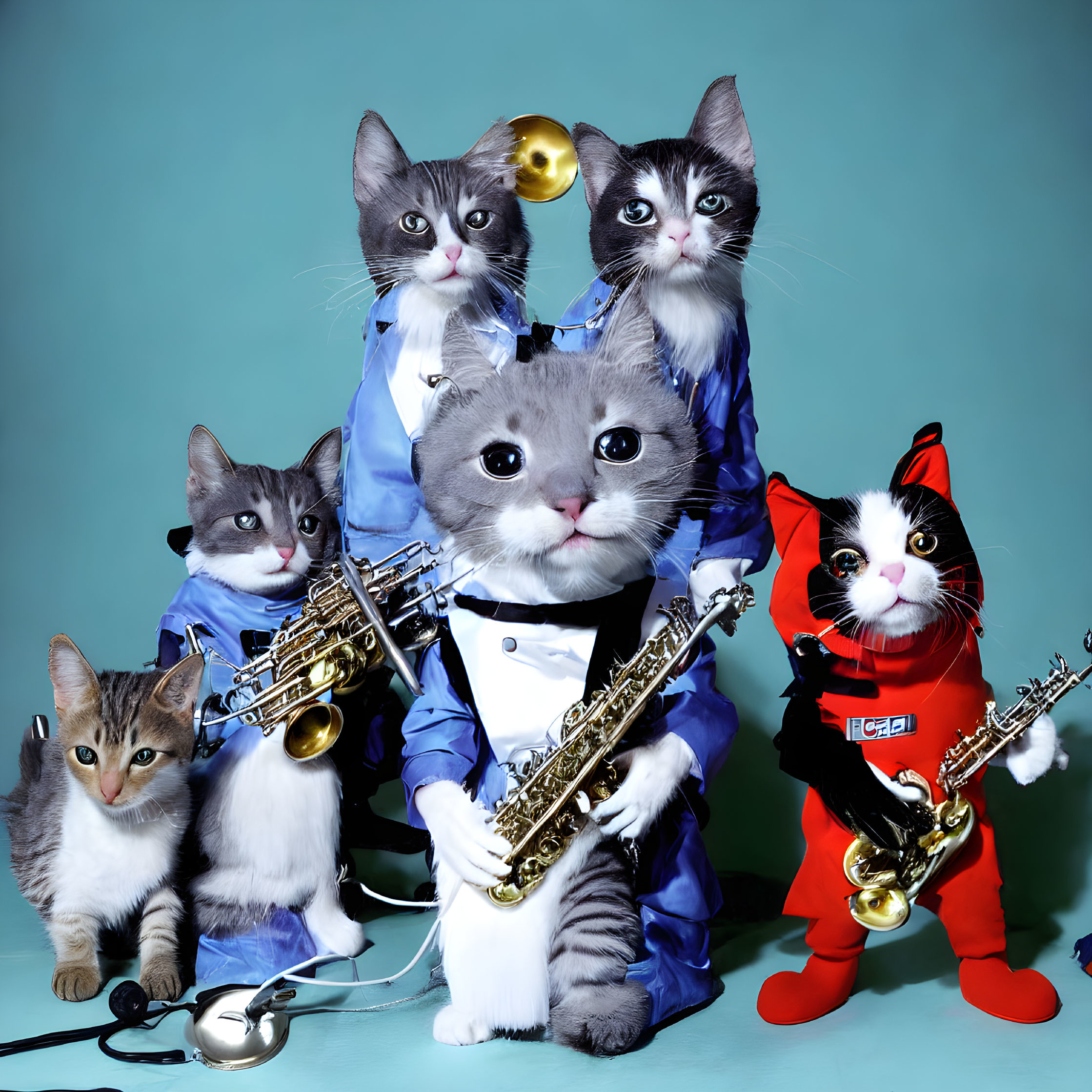 Five cats in jazz band attire with saxophone and trumpet on teal background