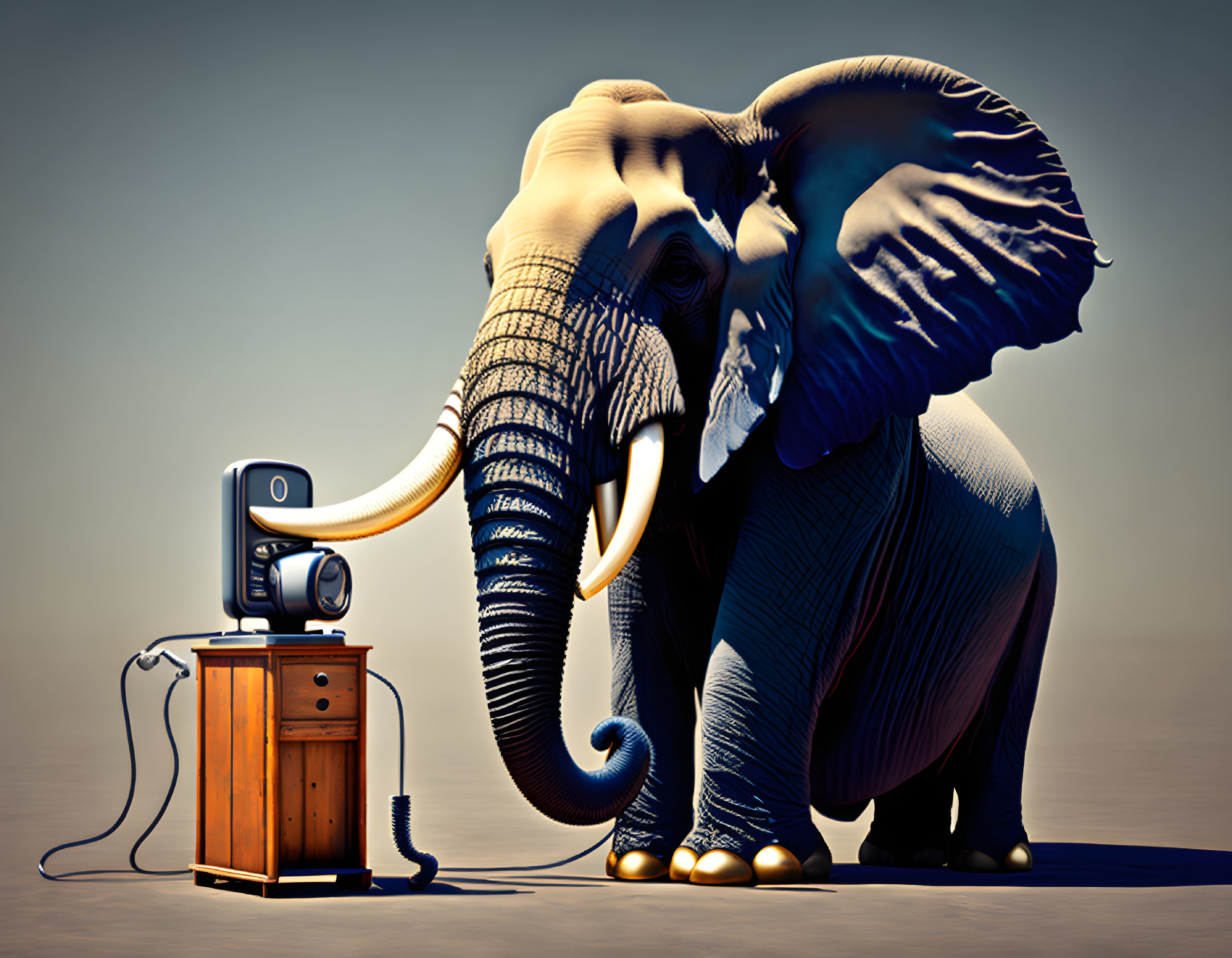 Golden-toenailed elephant enjoying music on vintage stereo in surreal desert scene