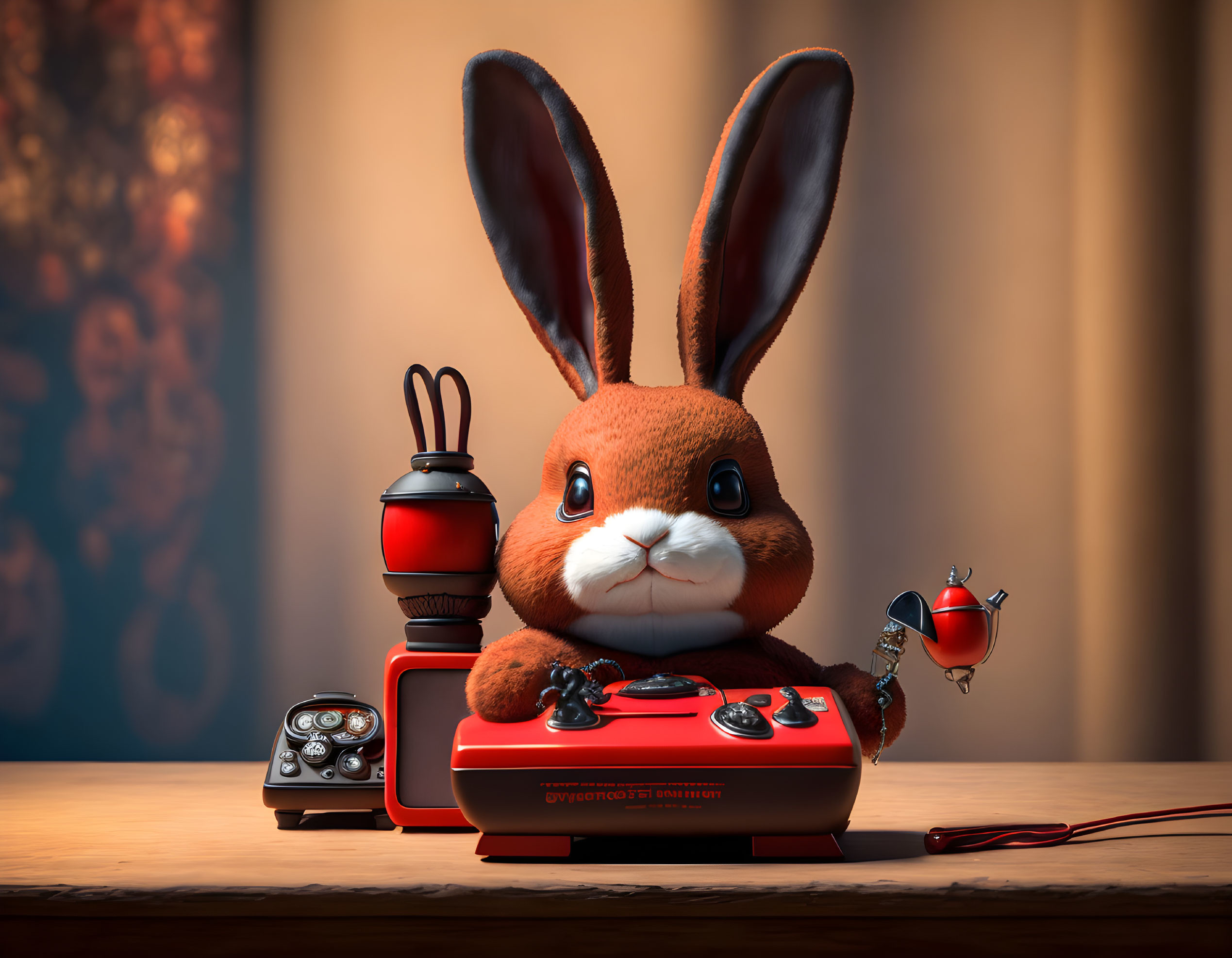 Plush bunny with large ears and retro gaming console with joystick, lantern, and teacup