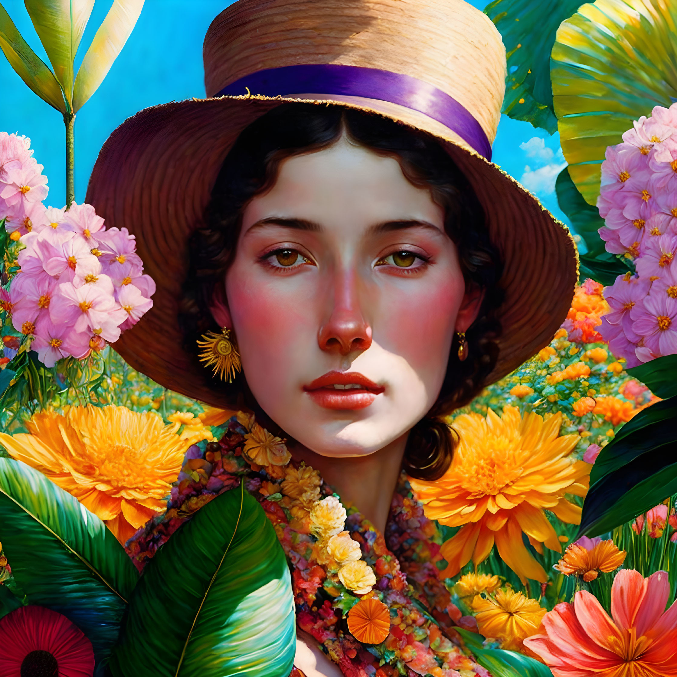 Colorful Woman Portrait with Wide-Brimmed Hat and Tropical Flowers