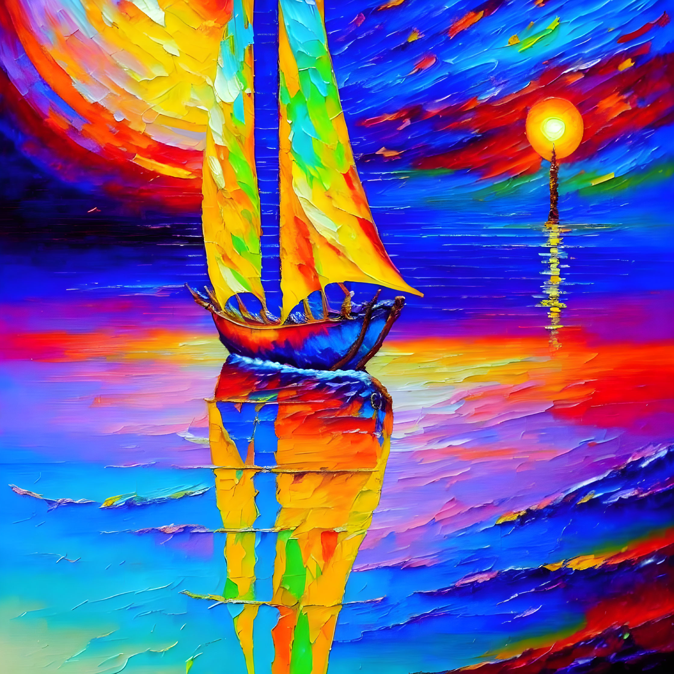 Colorful Sailboat Sunset Painting with Bold Brushstrokes