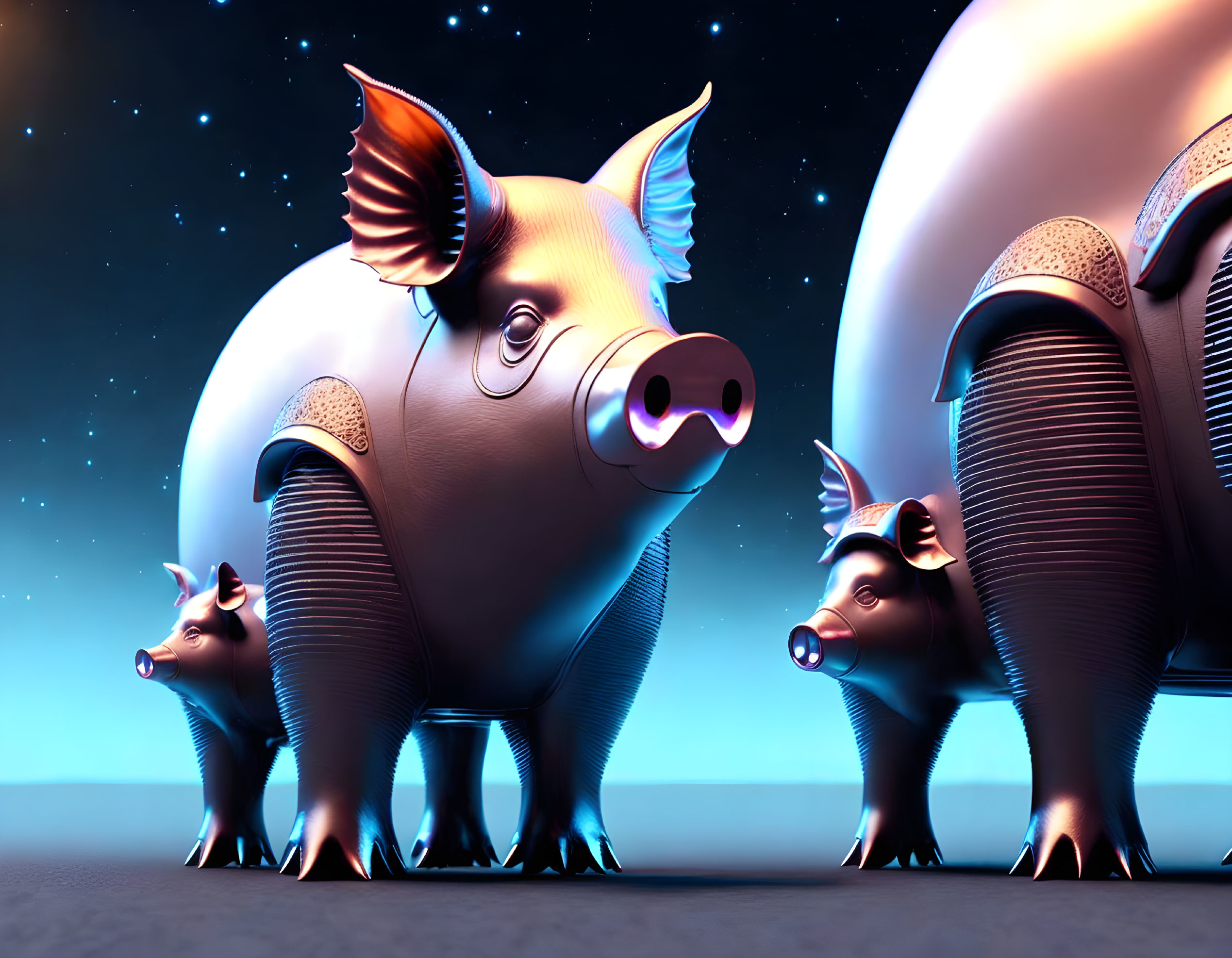 Stylized metallic pigs under blue starry sky