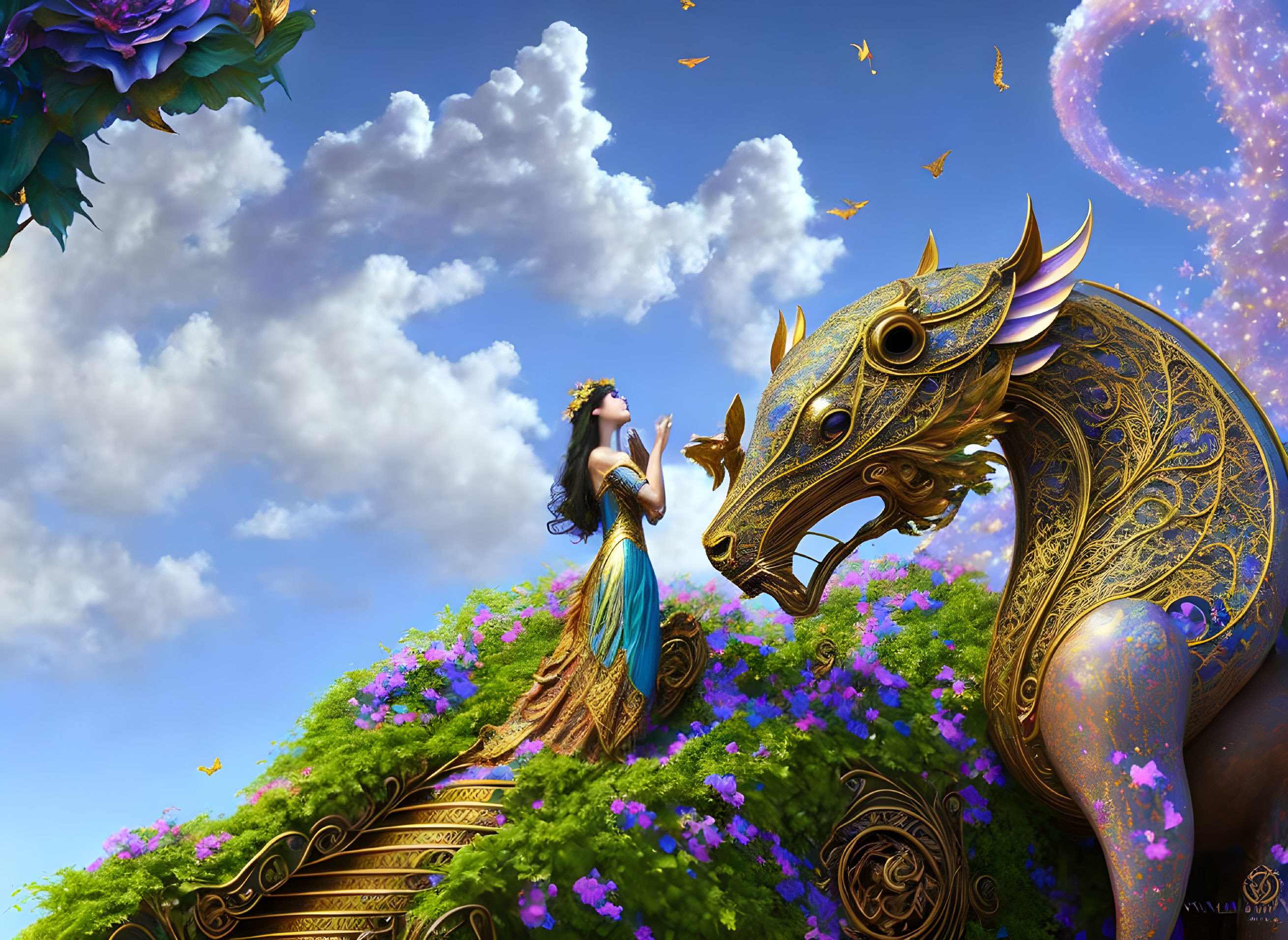 Woman in Blue Dress with Golden Dragon on Flowery Hill