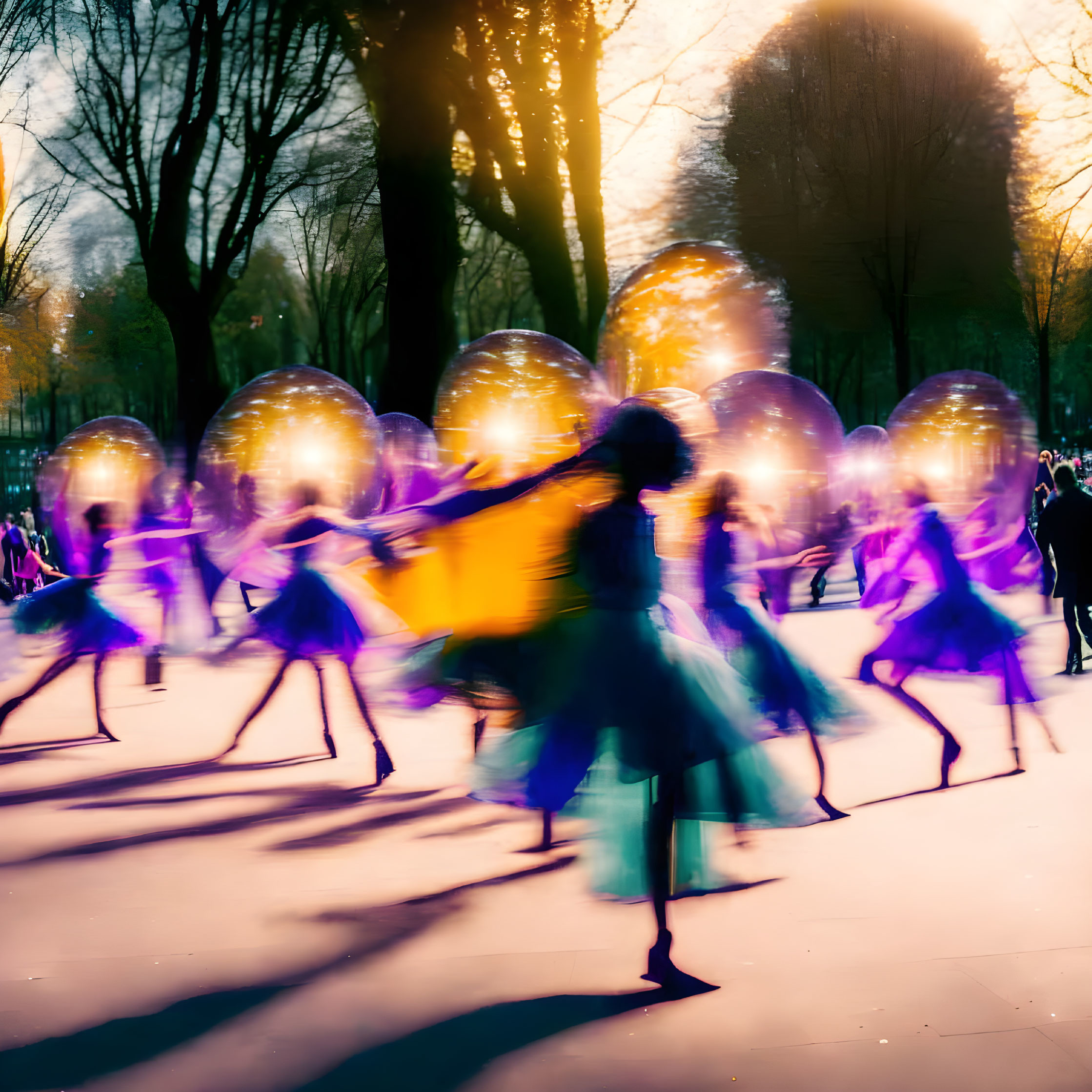 Blurred figures dancing in sunlight under trees