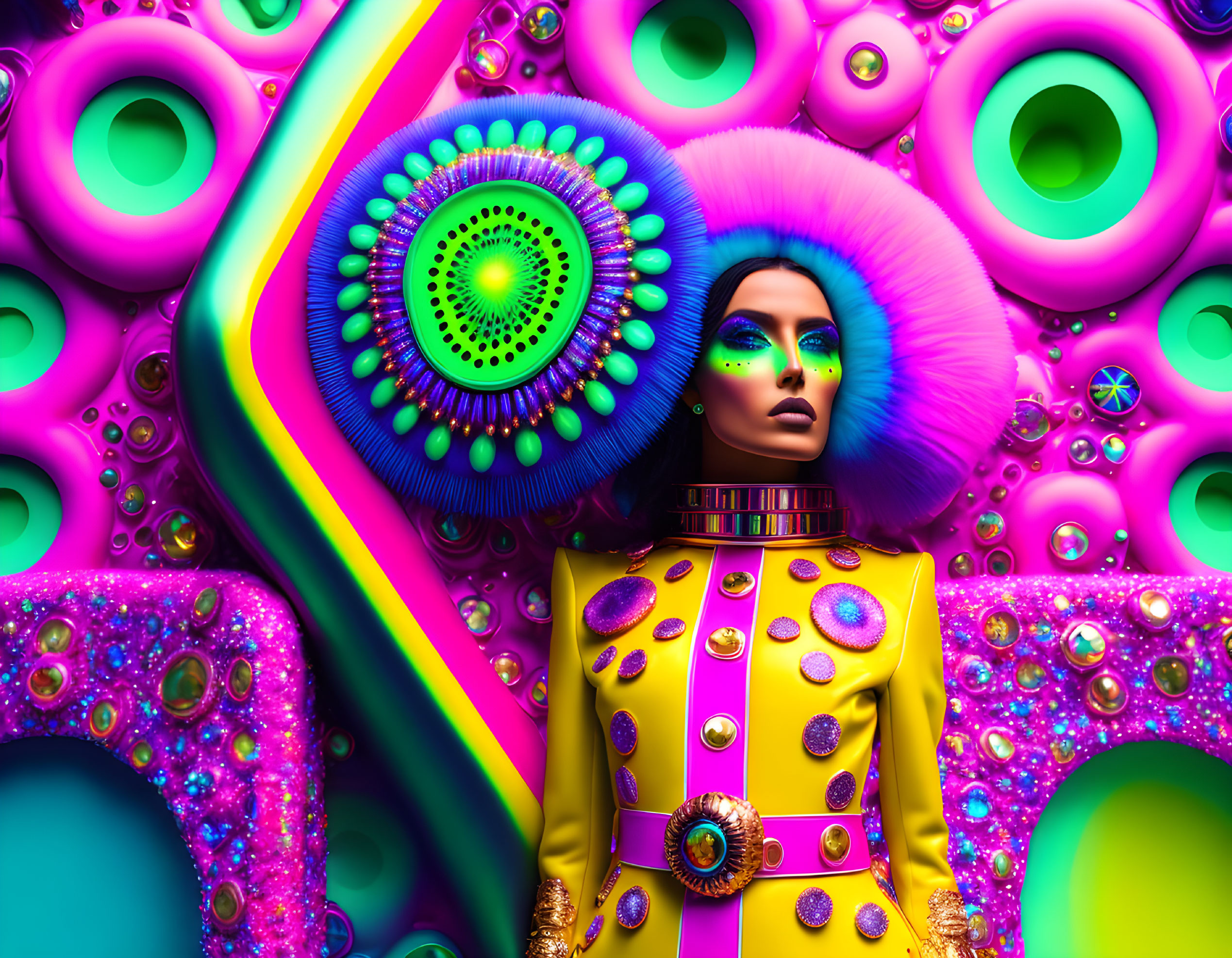 Vibrant woman in yellow jacket on psychedelic background