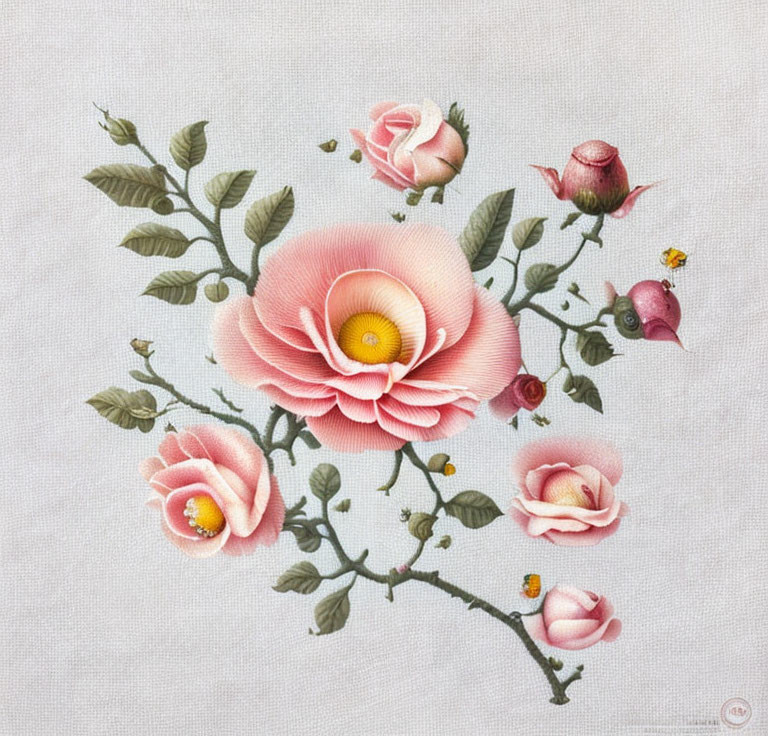 Pink Rose Embroidery on White Canvas