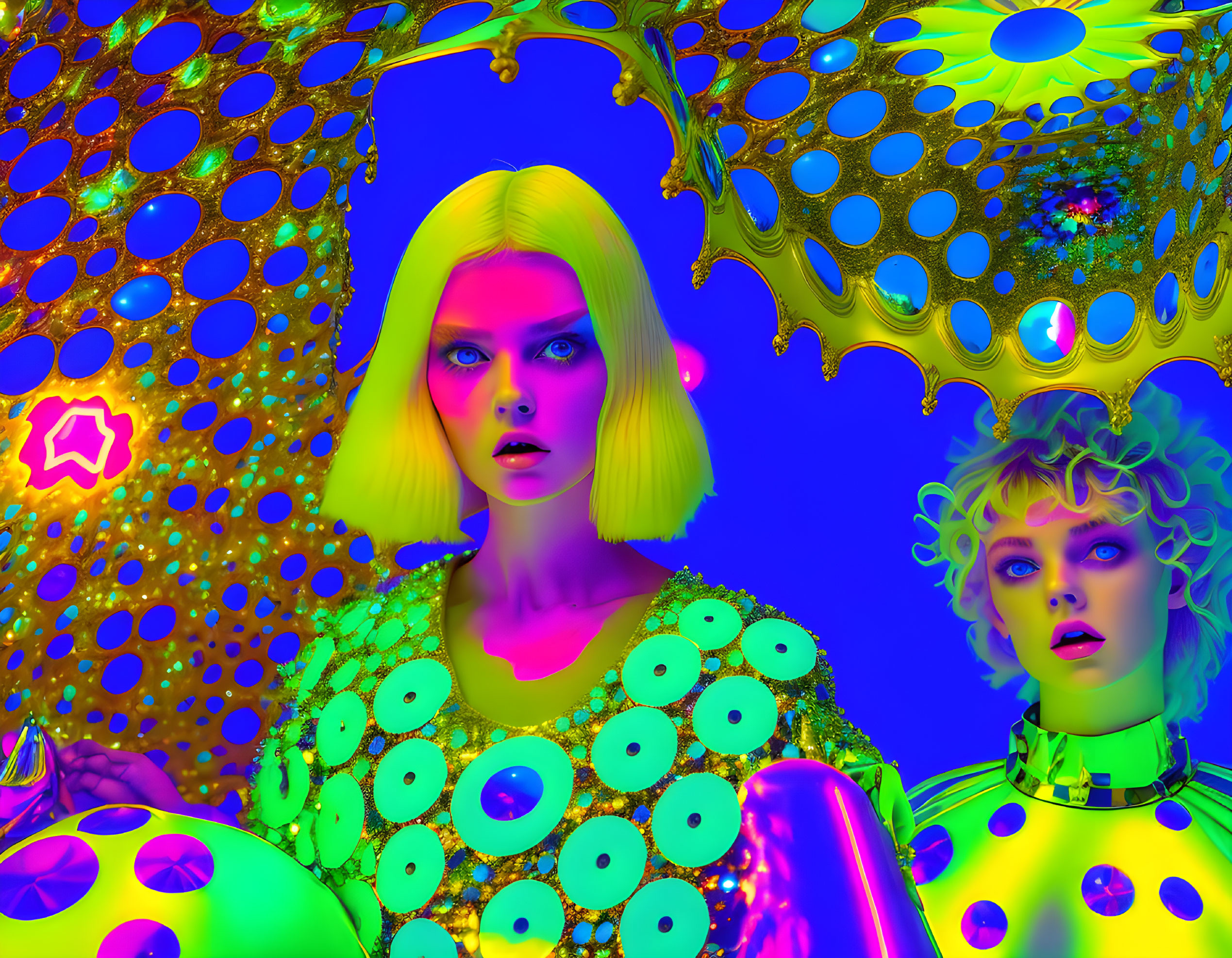 Futuristic makeup women in vibrant psychedelic setting