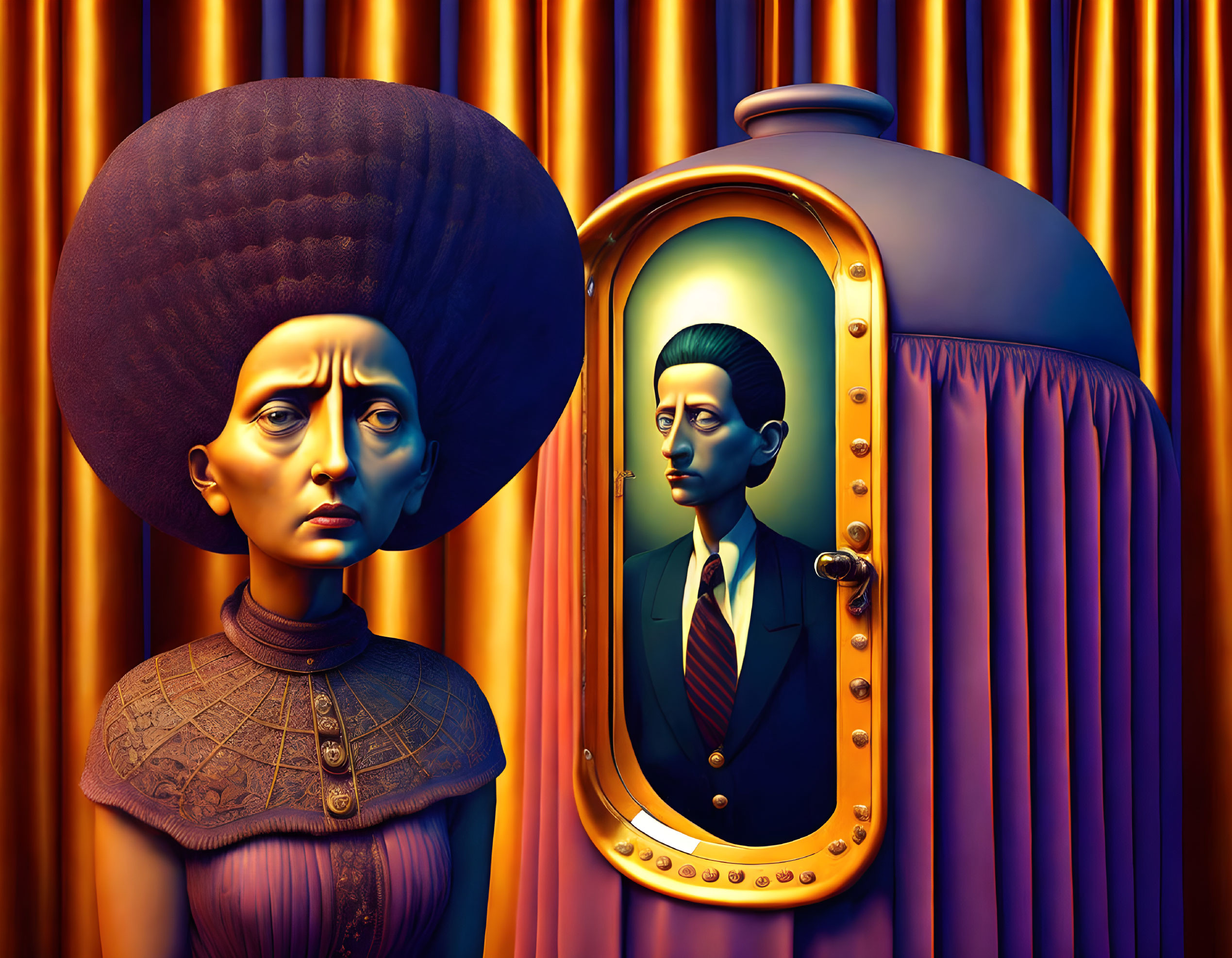 Surreal woman with large round hairstyle next to submarine porthole and man's portrait on striped