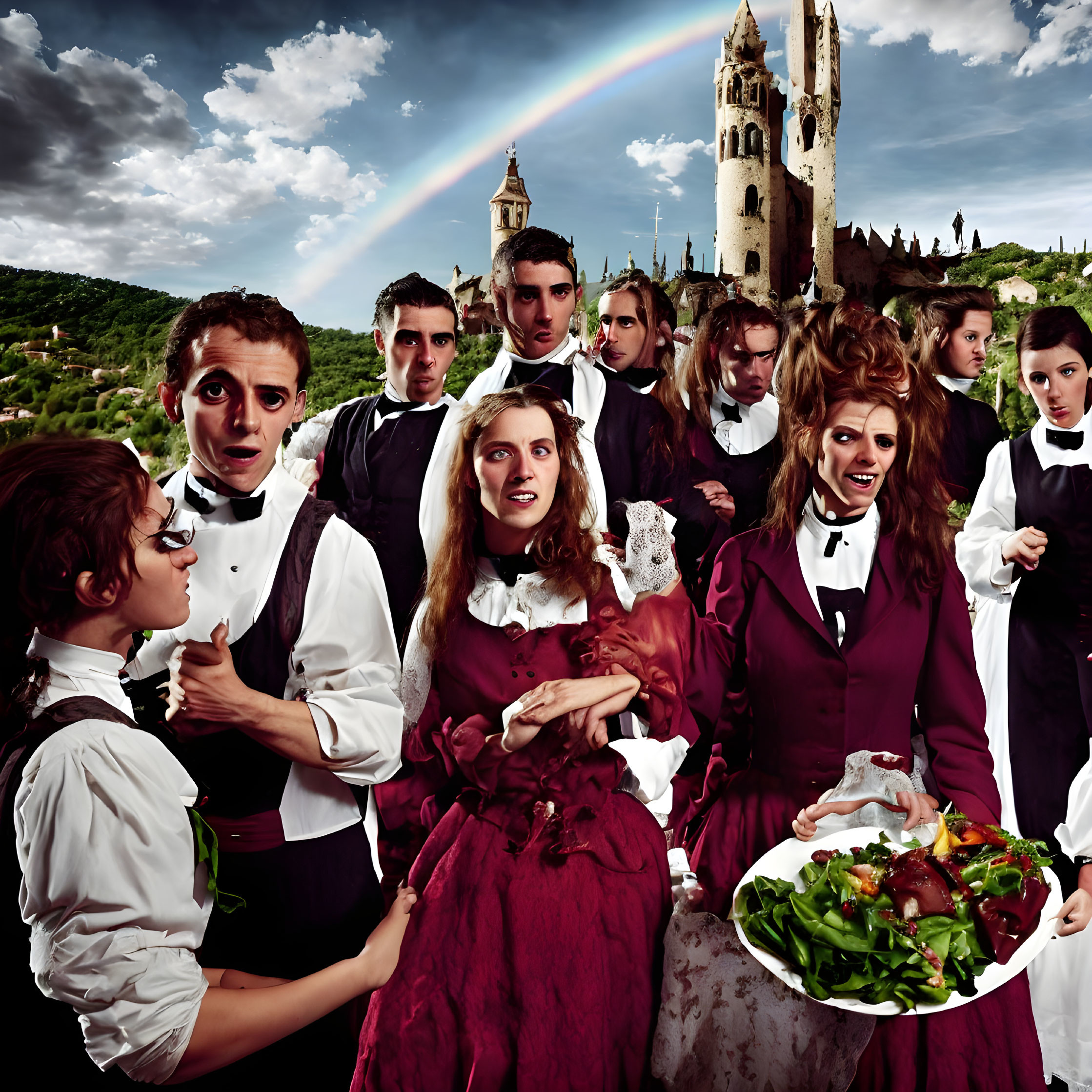 Historical reenactors in period costumes under rainbow sky with dramatic expressions.