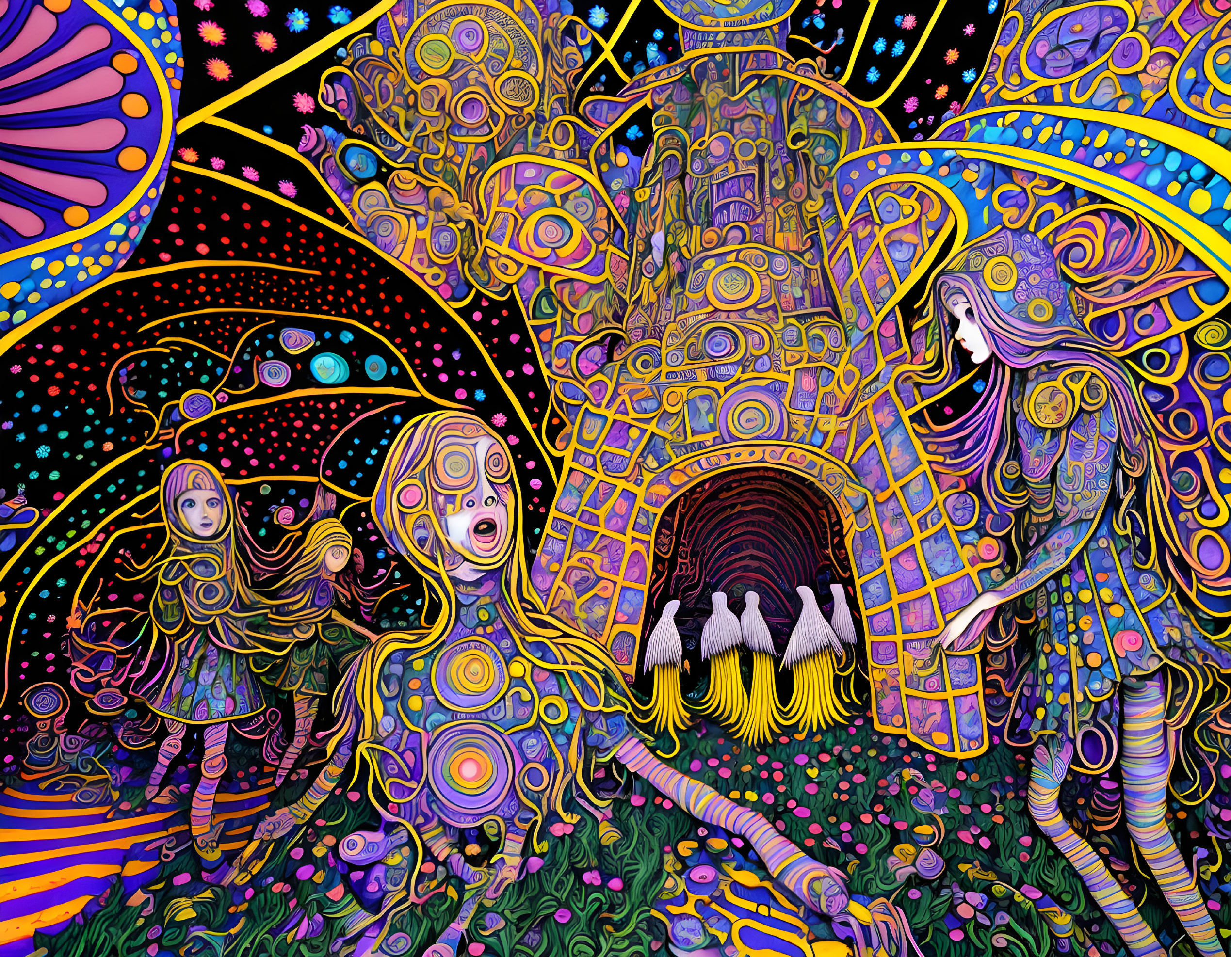 Colorful psychedelic illustration: stylized characters, whimsical castle, intricate patterns