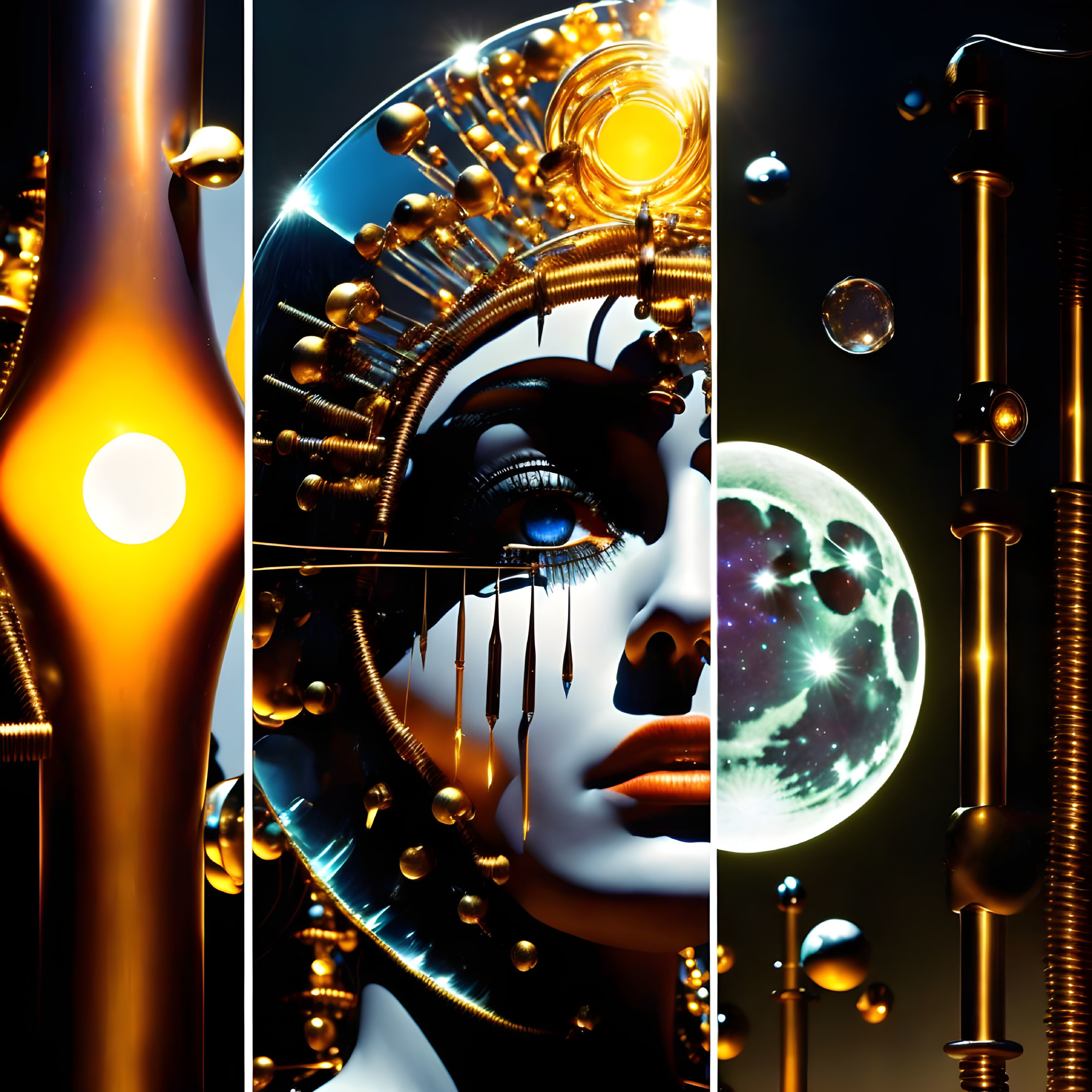 Abstract Golden Shapes, Futuristic Android, Moonlit Towers Triptych