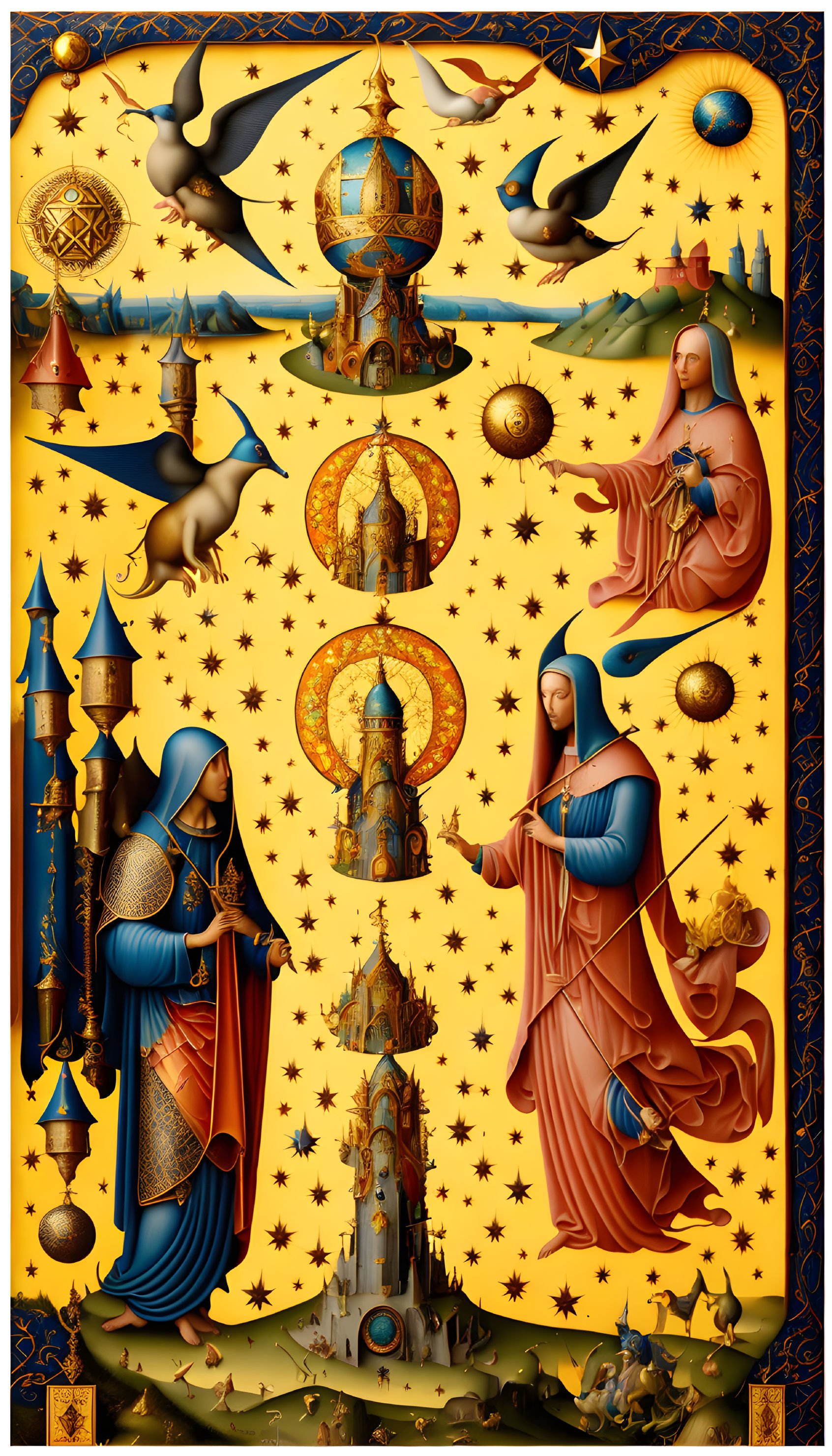 Ornate celestial and religious motifs with robed figures in a golden, starry setting