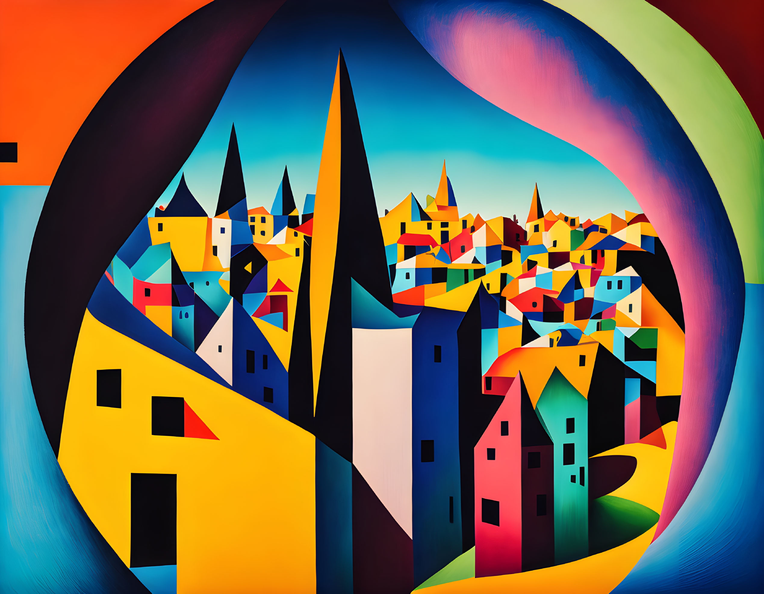 Colorful abstract painting of geometric town in swirling backdrop