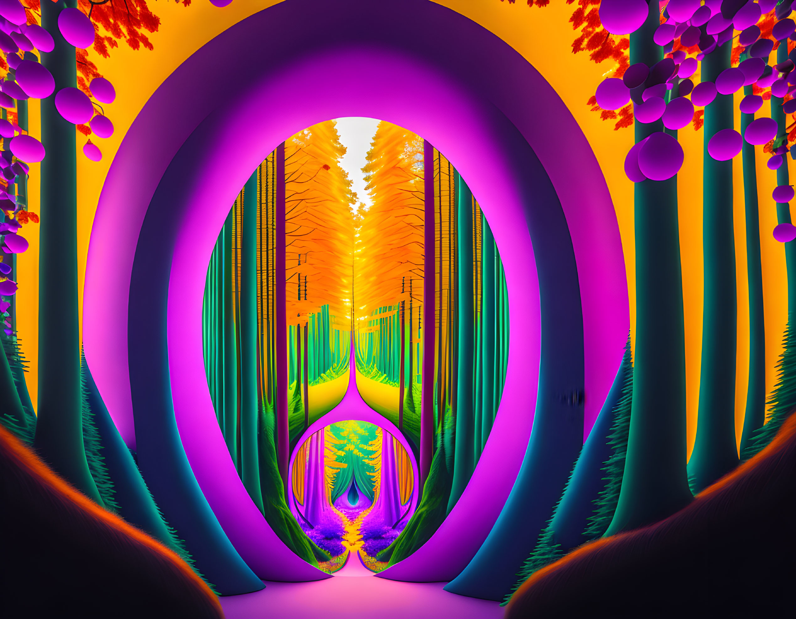 Psychedelic digital artwork with mirrored forest scene and vibrant colors