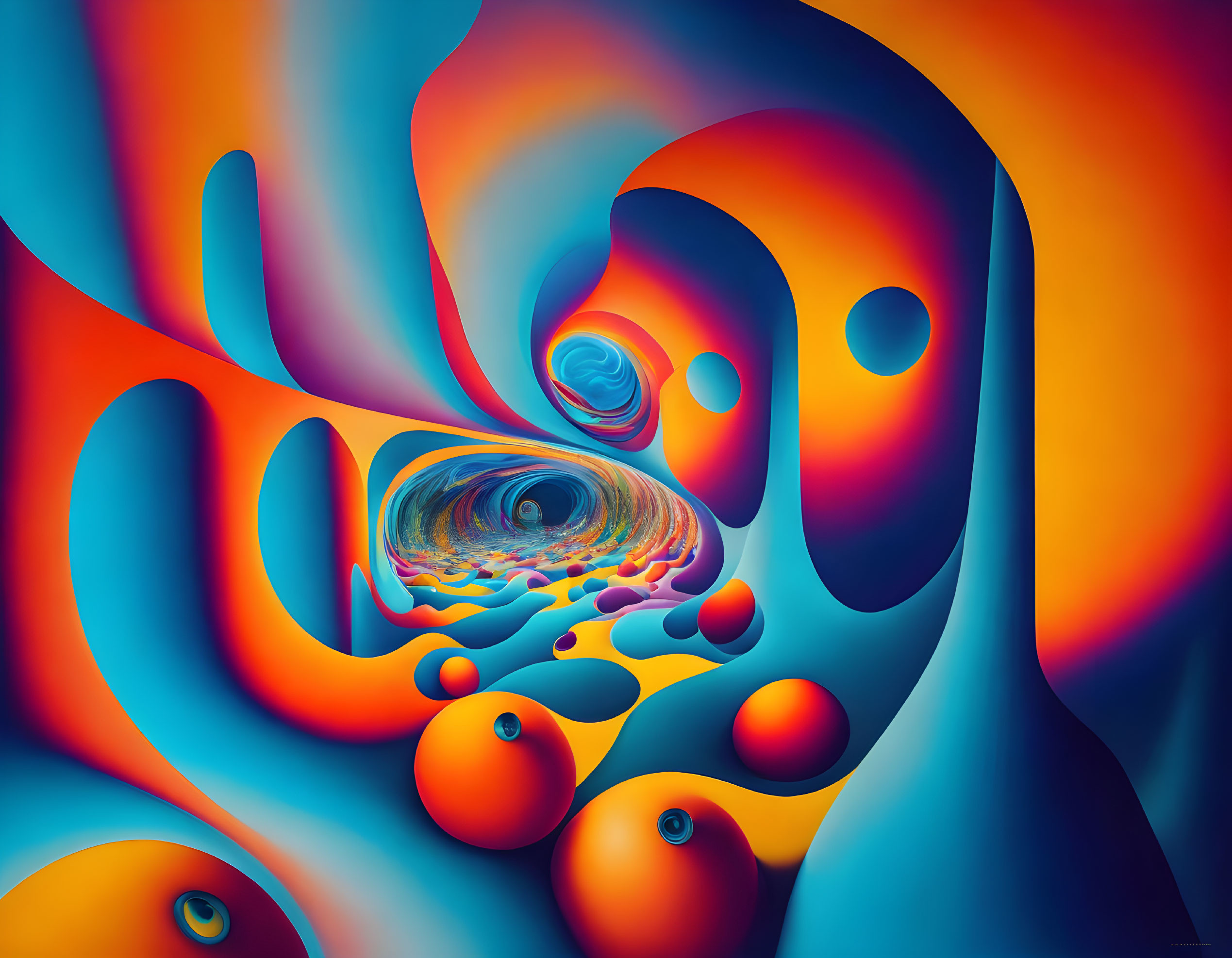 Vivid Swirls in Blue, Orange, and Red Abstract Art with Spheres