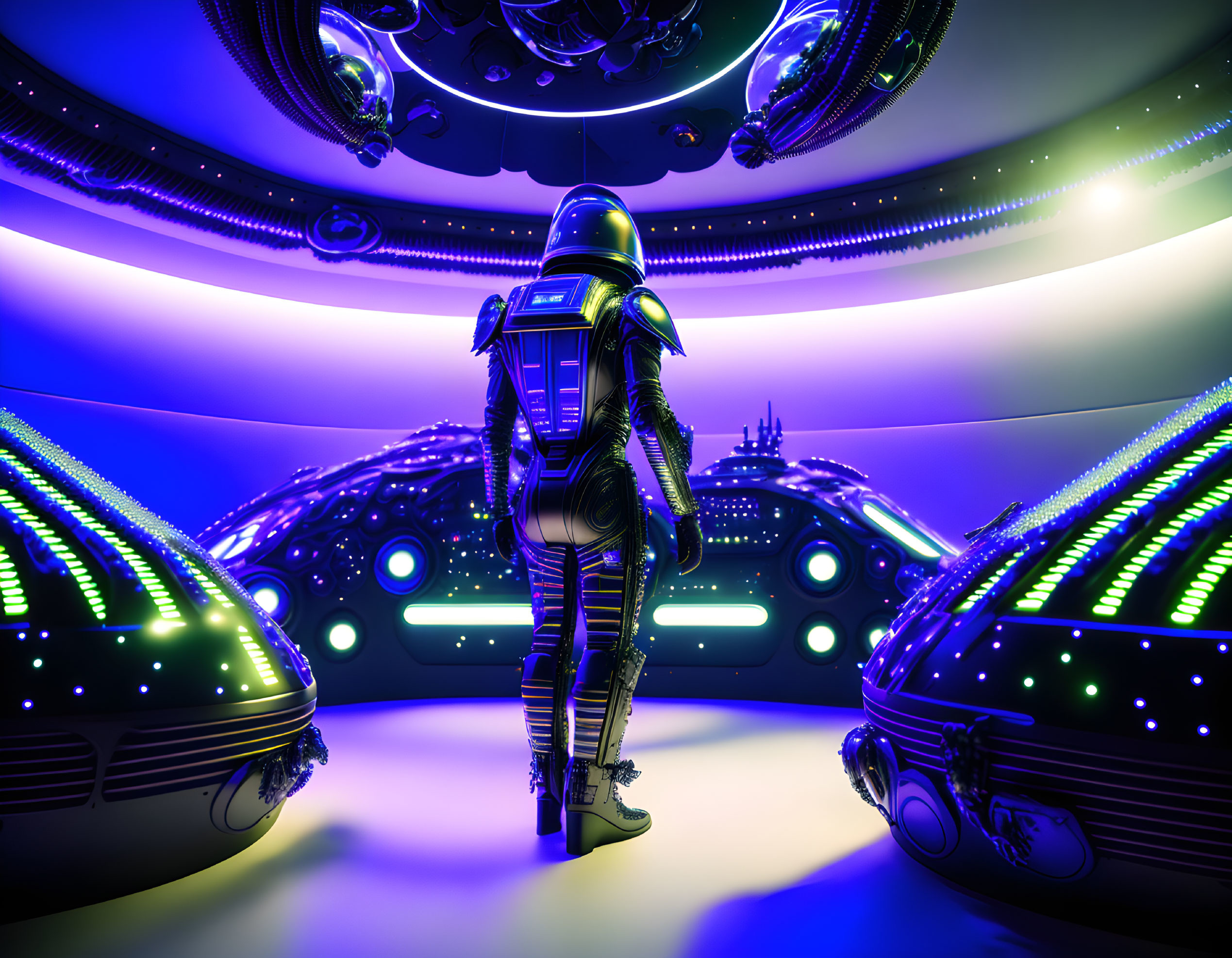 Futuristic robot in space station interior with neon lights