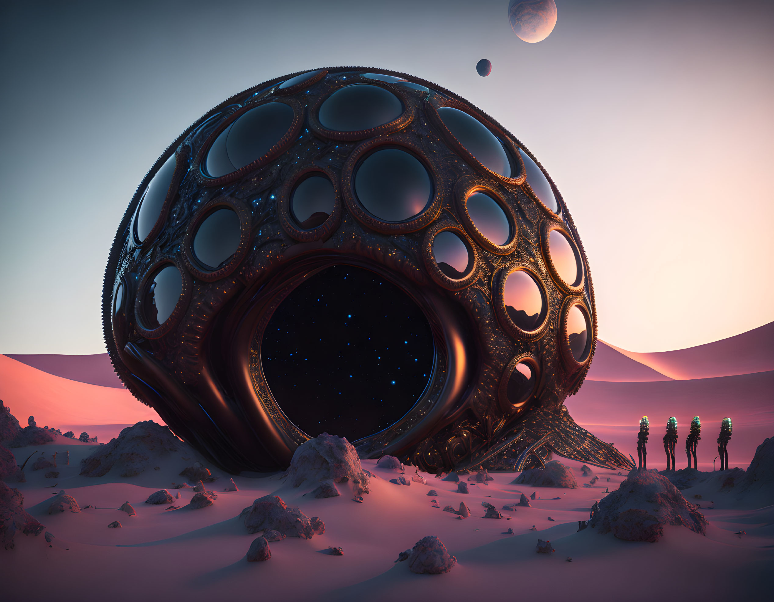 Spherical structure with circular windows in desert landscape at dusk