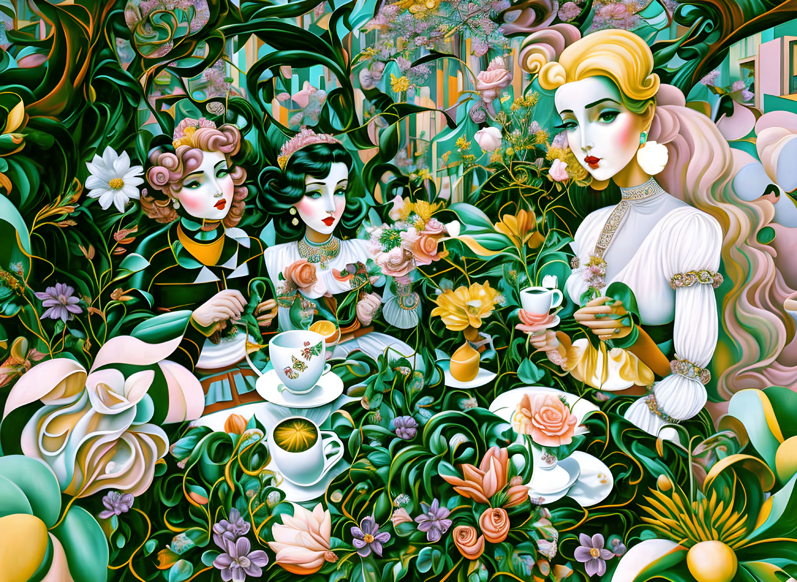 Whimsical tea party scene with stylized women in floral setting