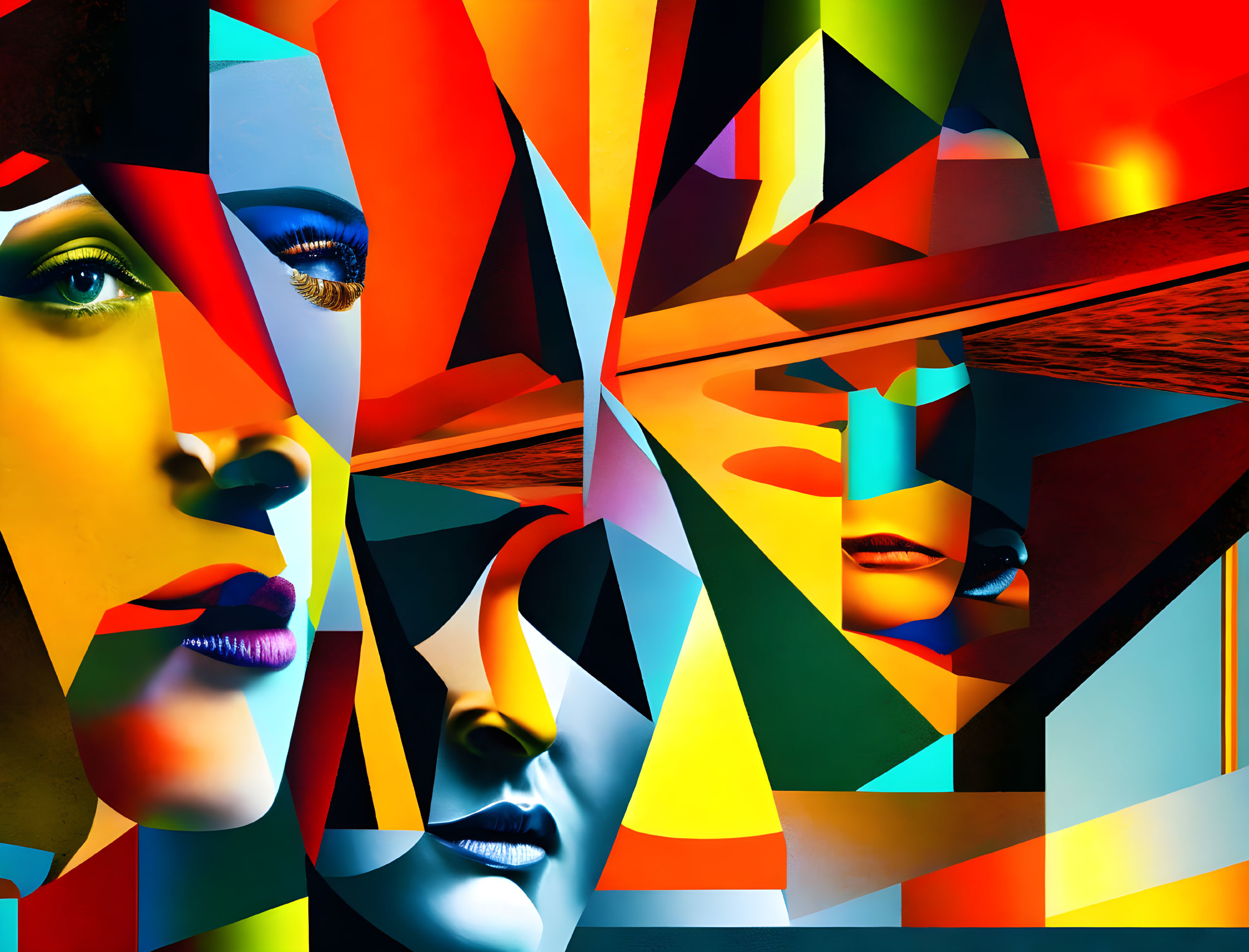 Colorful Abstract Digital Artwork with Fragmented Faces & Geometric Shapes