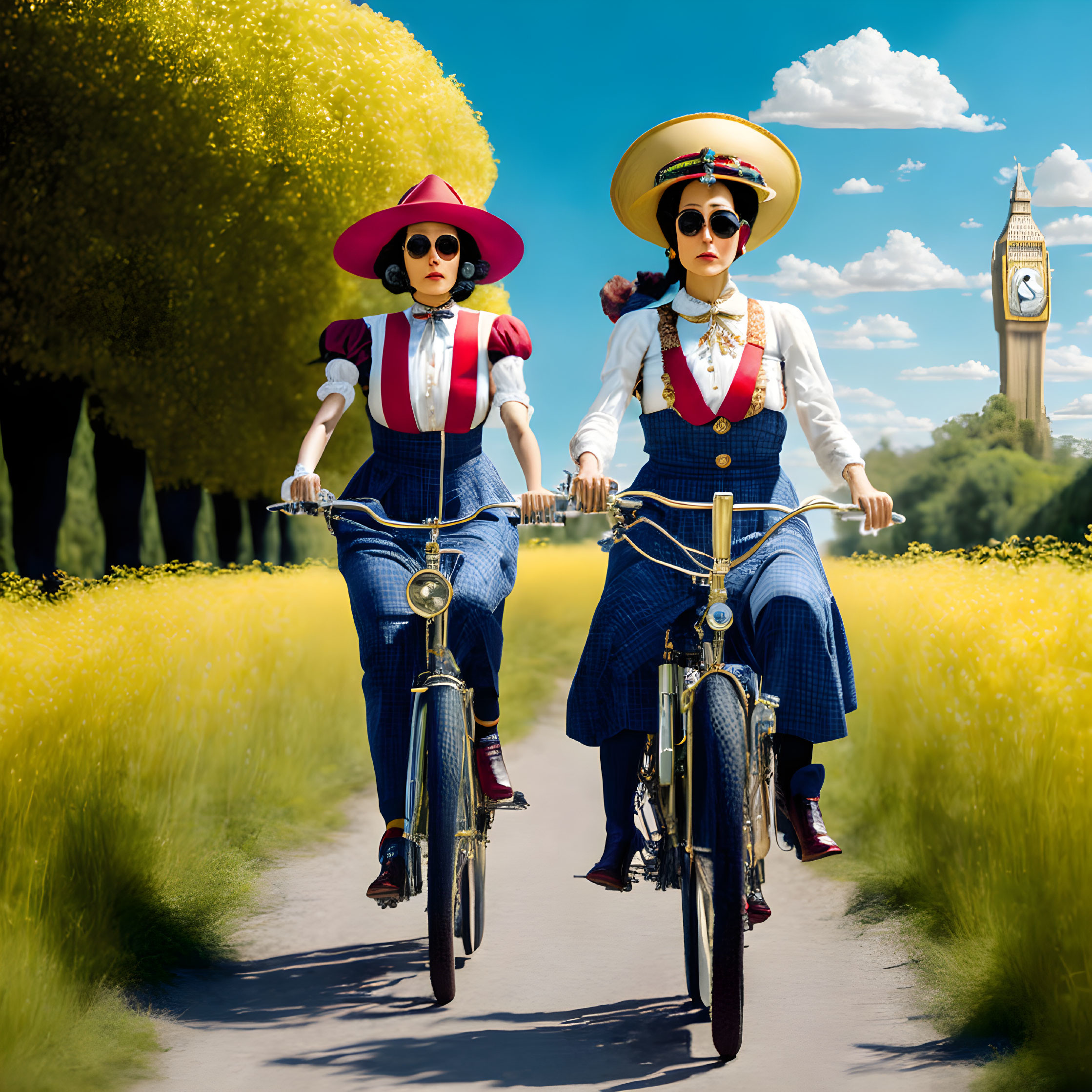 Vintage attired women on bicycles by clock tower and yellow flowers