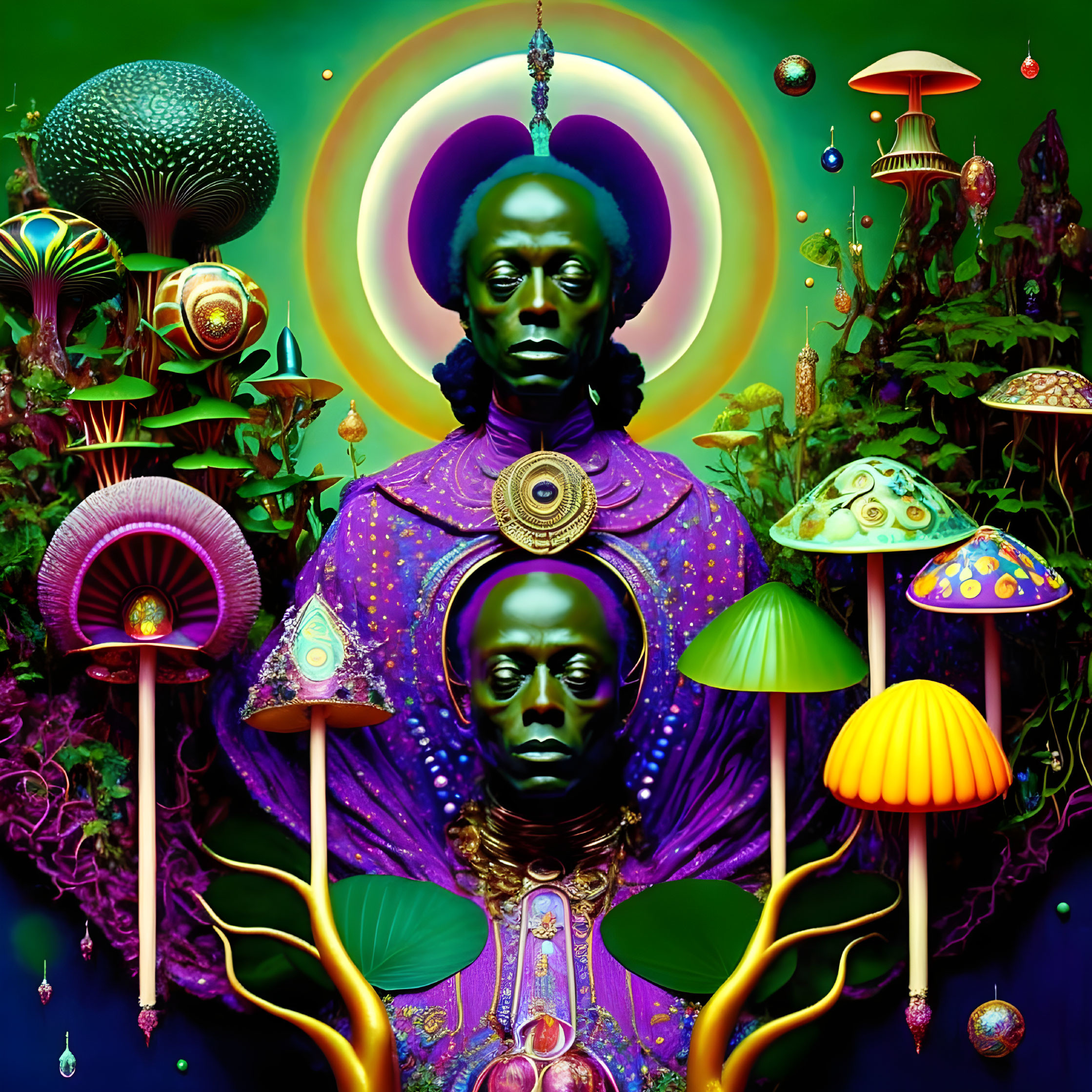 Colorful Psychedelic Artwork: Mirrored Figures, Bioluminescent Mushrooms, Gl