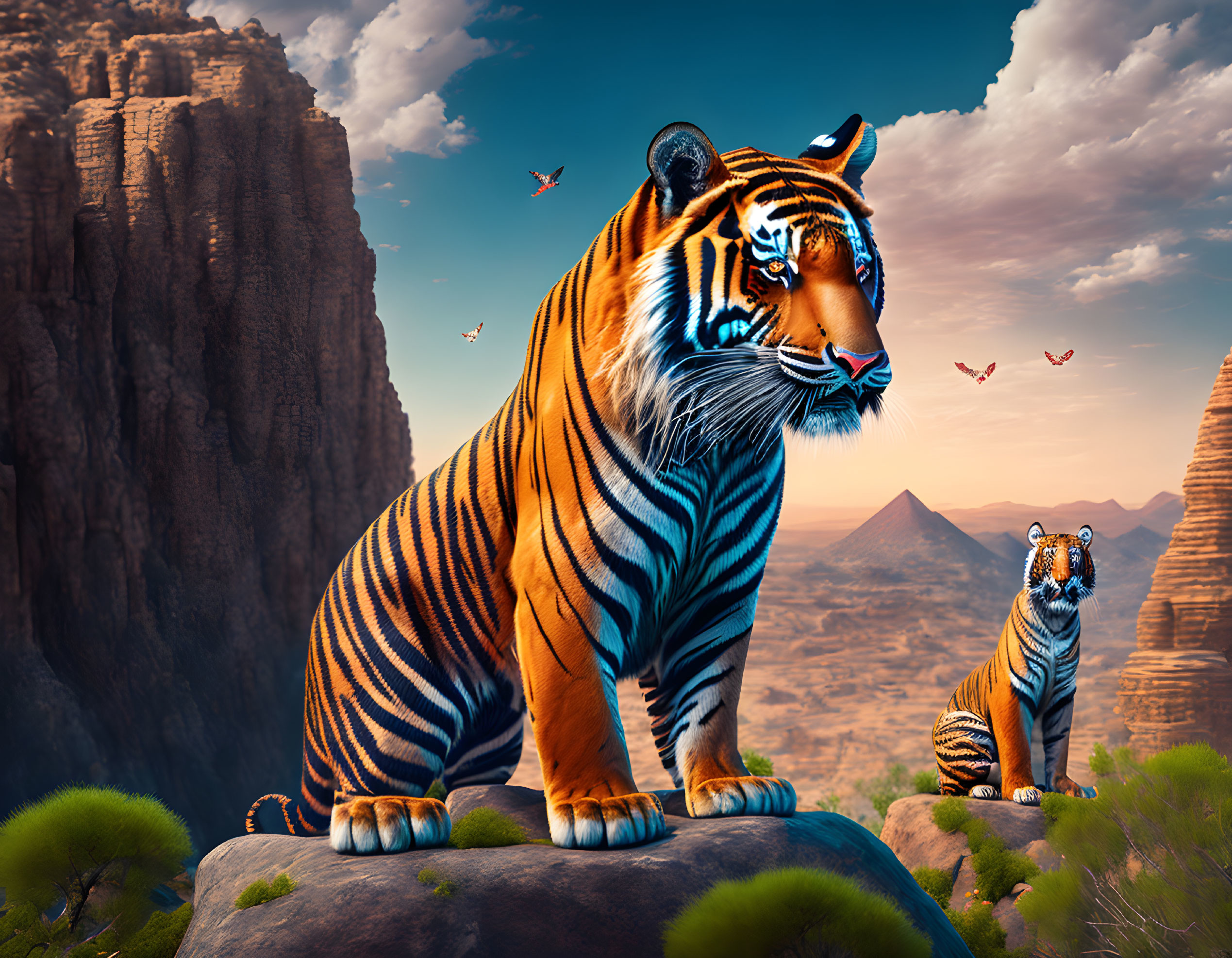 Majestic tiger and cub on rock in scenic landscape