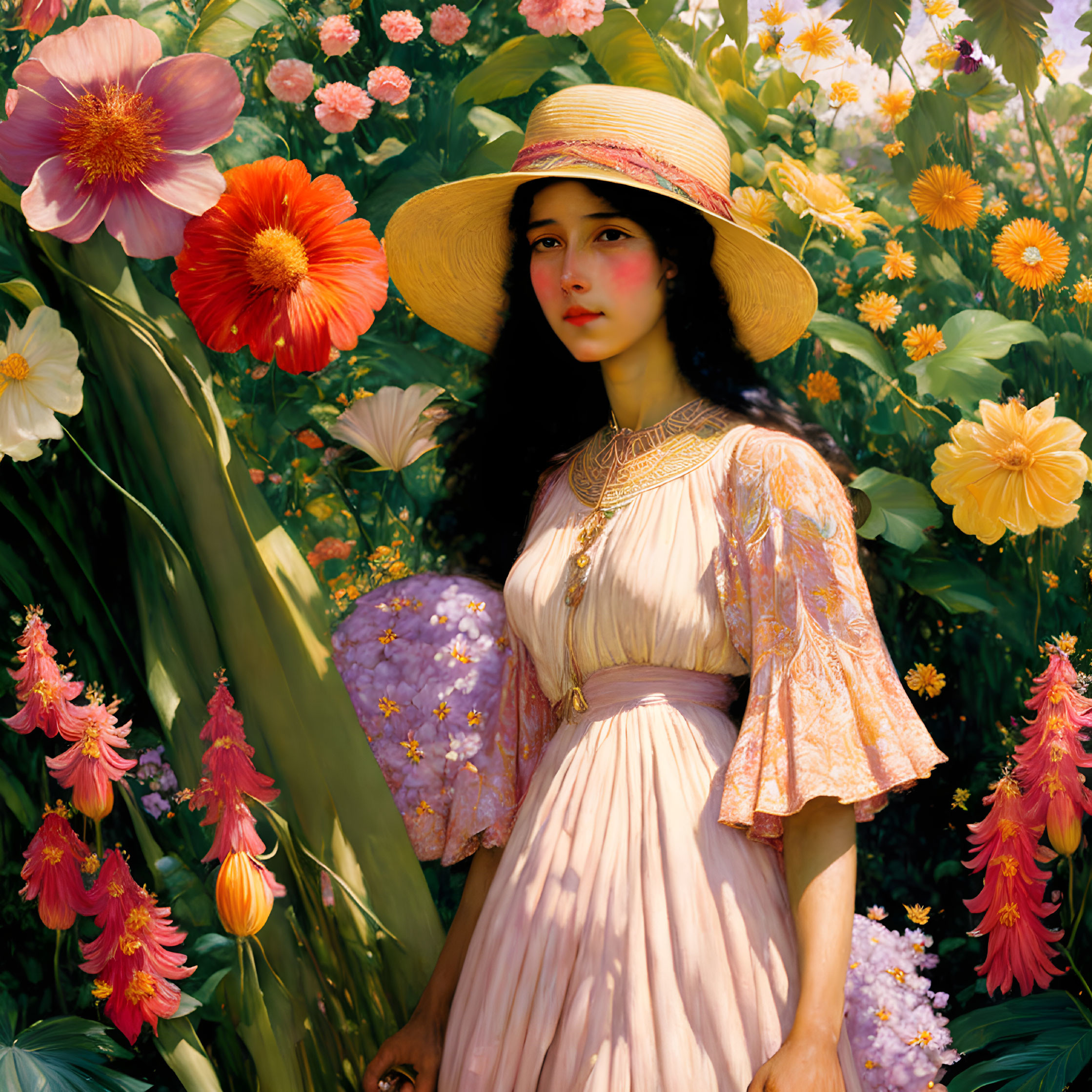 Woman in vintage dress and straw hat in vibrant floral garden