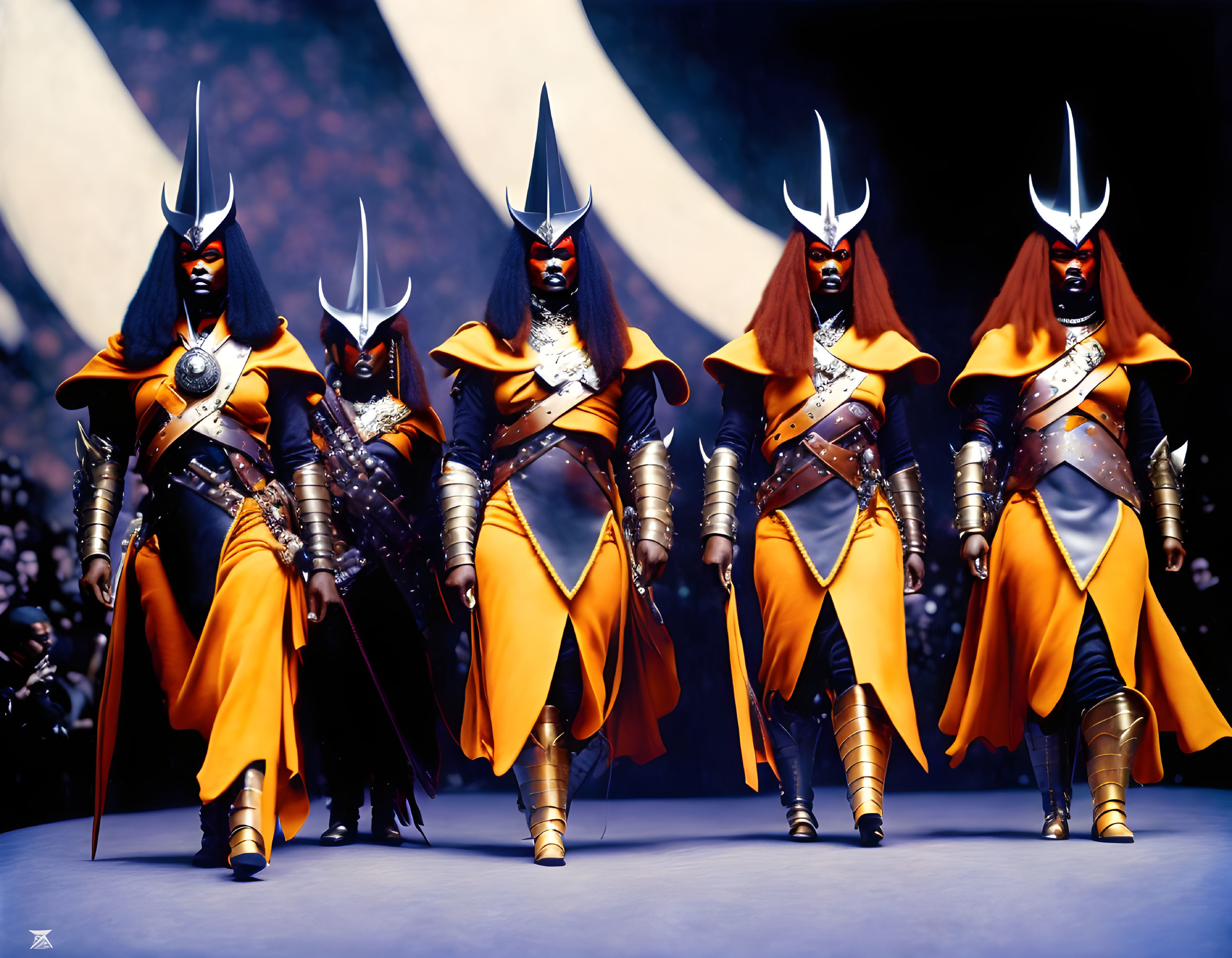 Stylized warriors in ornate armor with capes and horned helmets posed dramatically