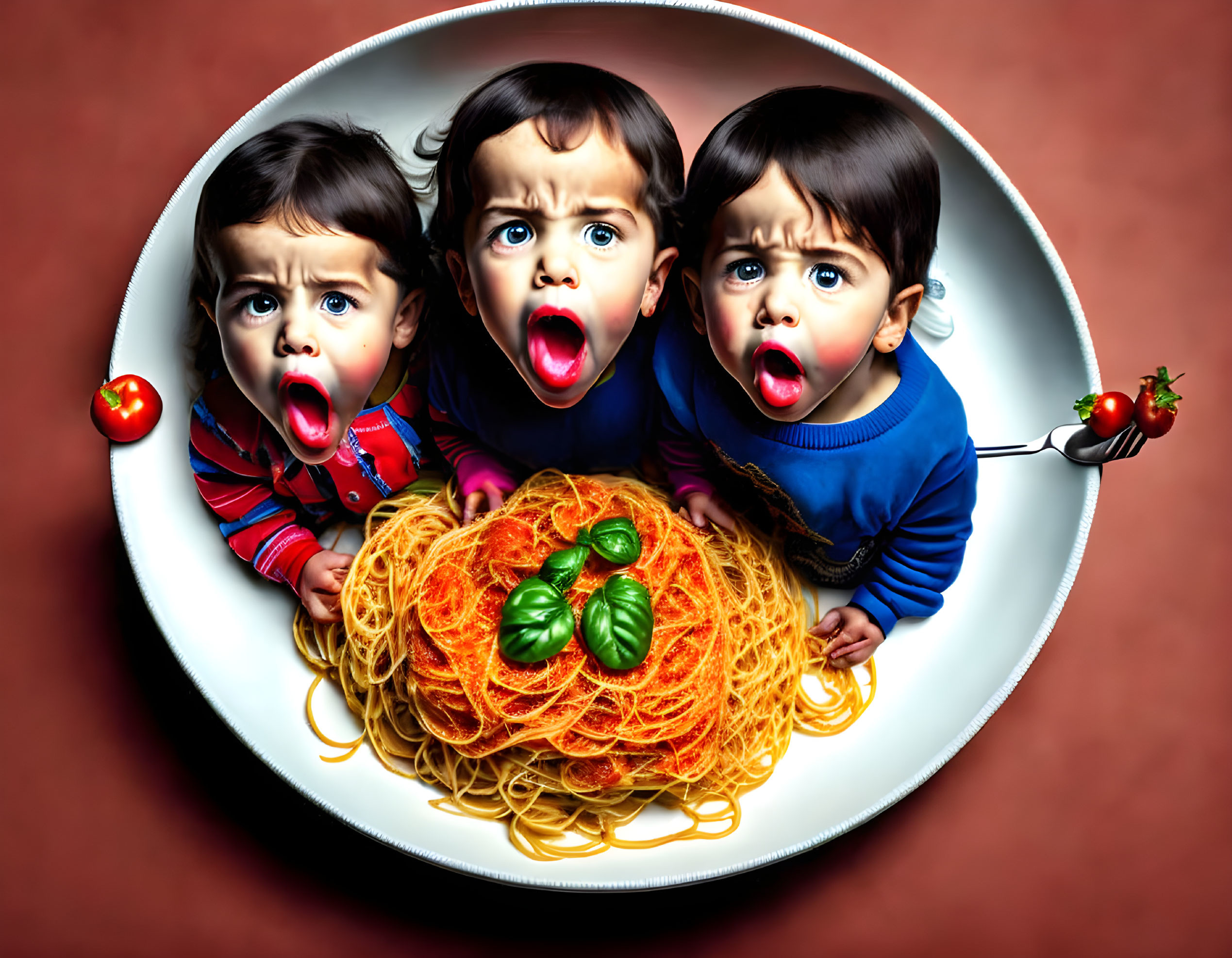 Cartoon children with spaghetti, tomatoes, and basil on a plate