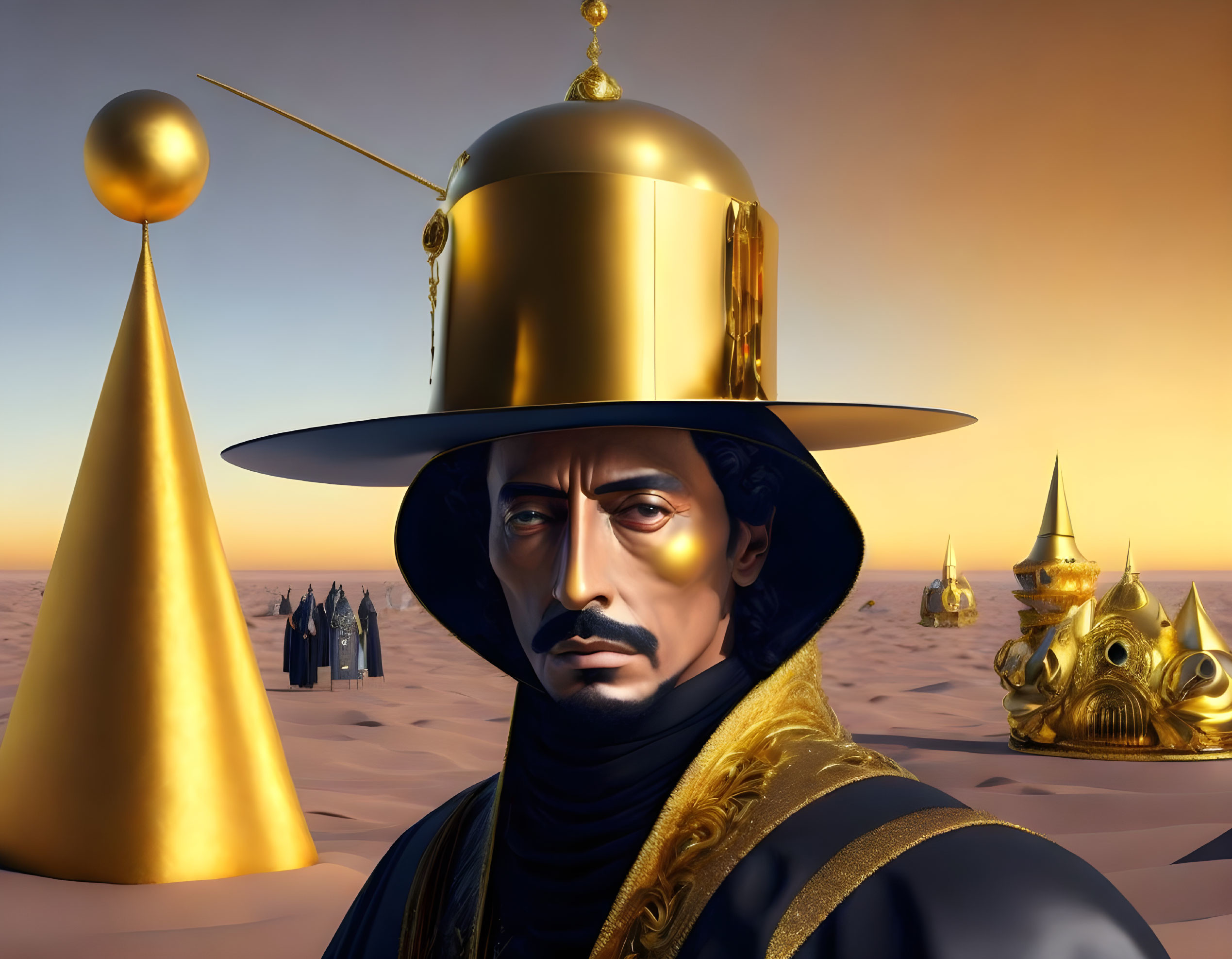 Stylized man with golden hat in desert landscape with golden structures