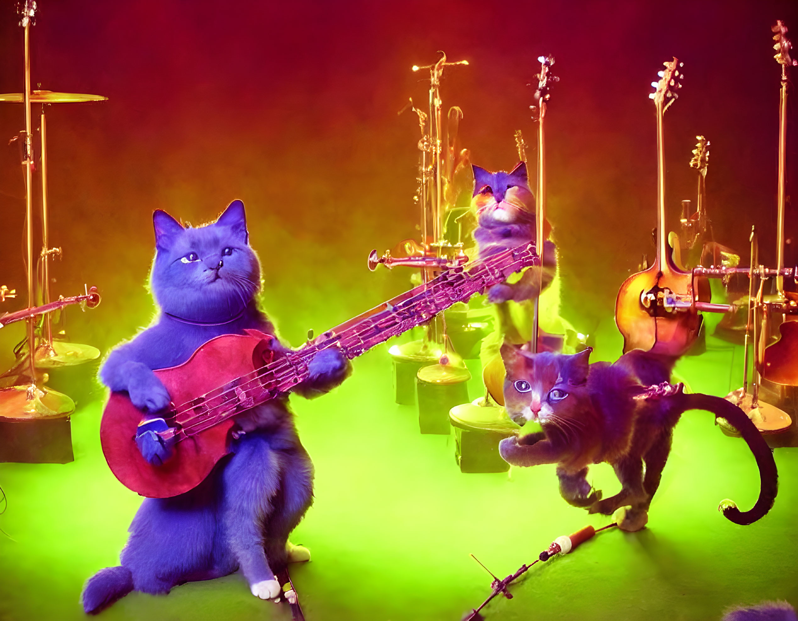 Colorful Neon-Lit Music Studio with Cats Playing Instruments